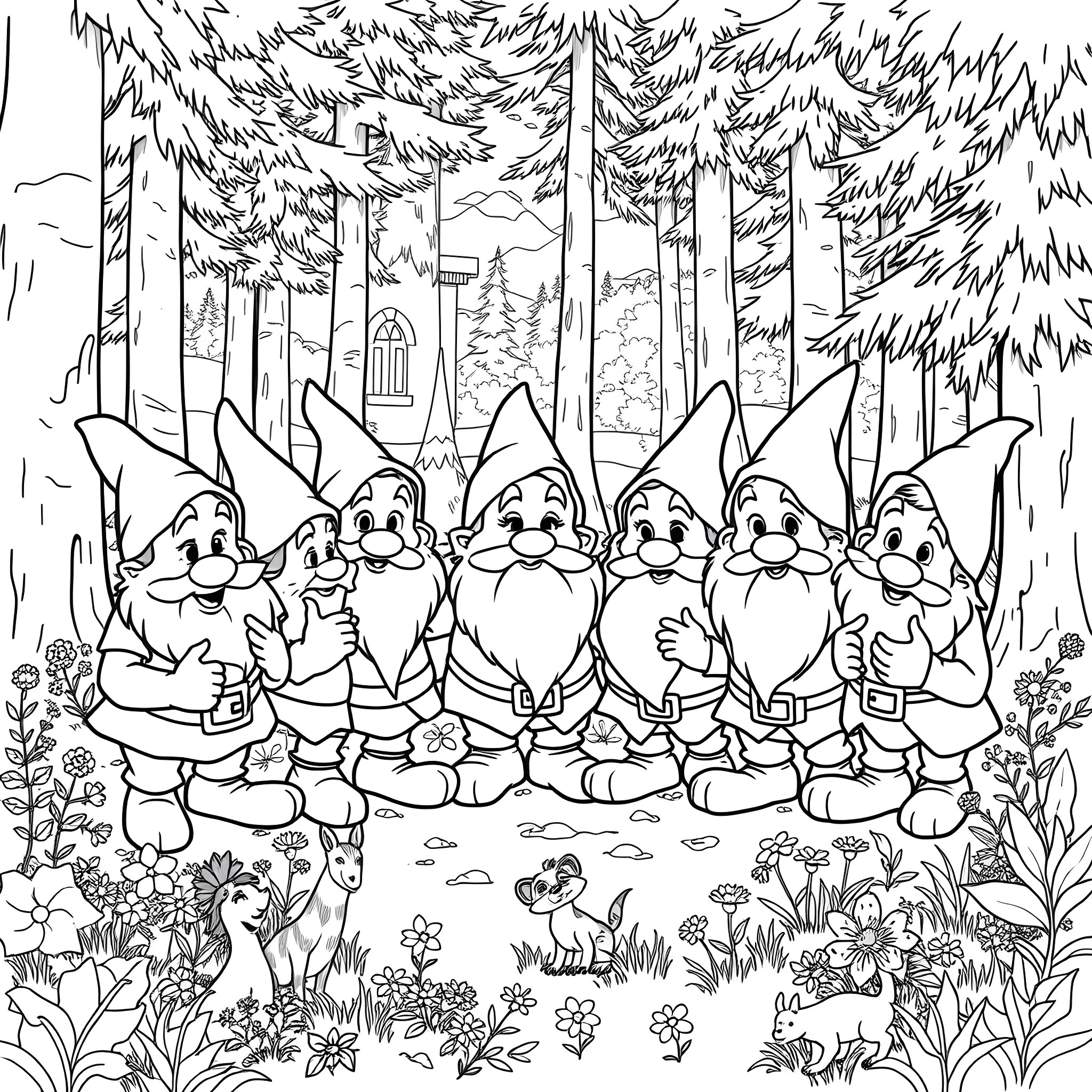 Dwarf gnomes exploring the enchanted forest Coloring Page (free black-and-white line drawing printable PDF for all, from beginners to advanced learners, including children, teens, adults, and seniors)