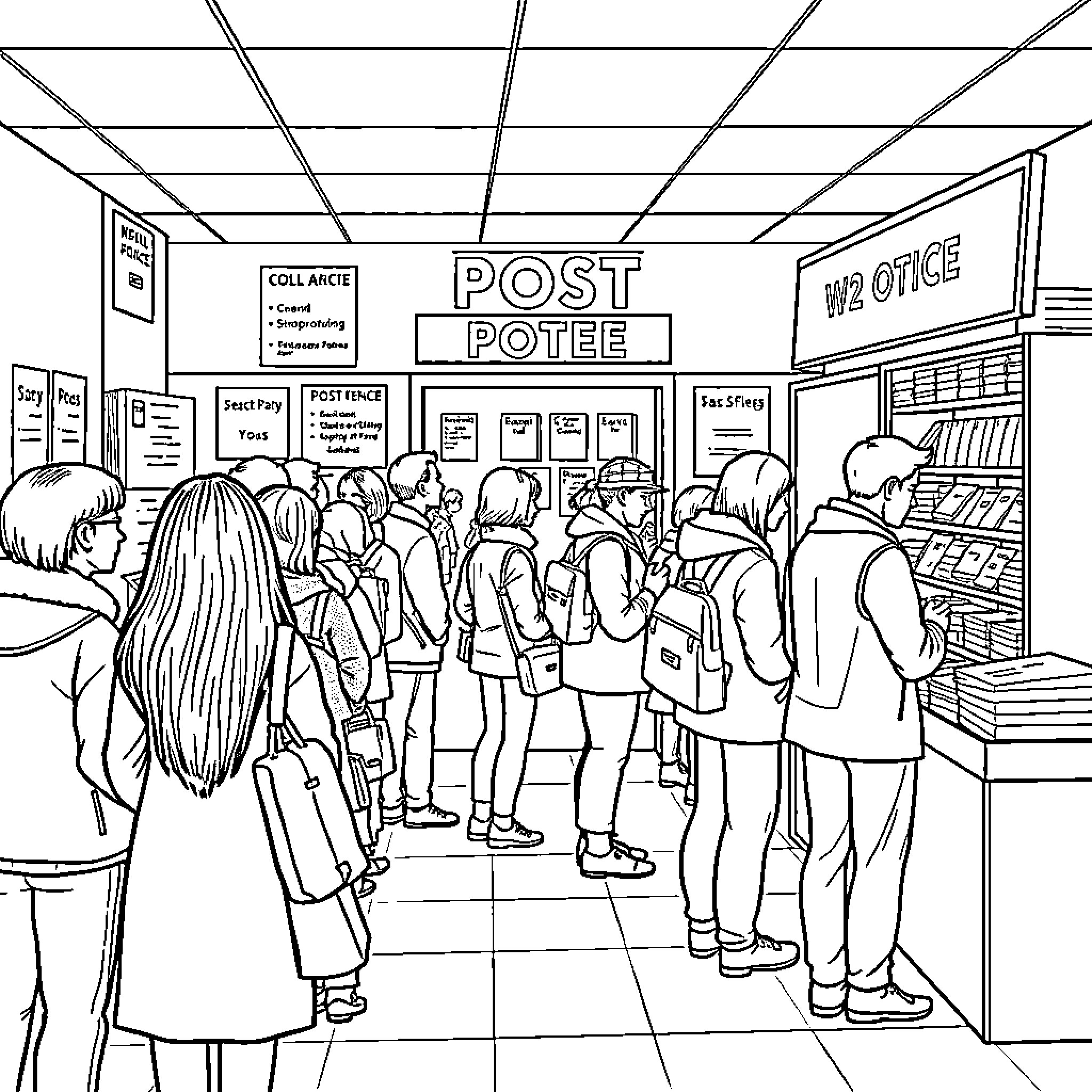 Post Office: Busy Scene of Customers in Line Coloring Page (free black-and-white line drawing printable PDF for all, from beginners to advanced learners, including children, teens, adults, and seniors)