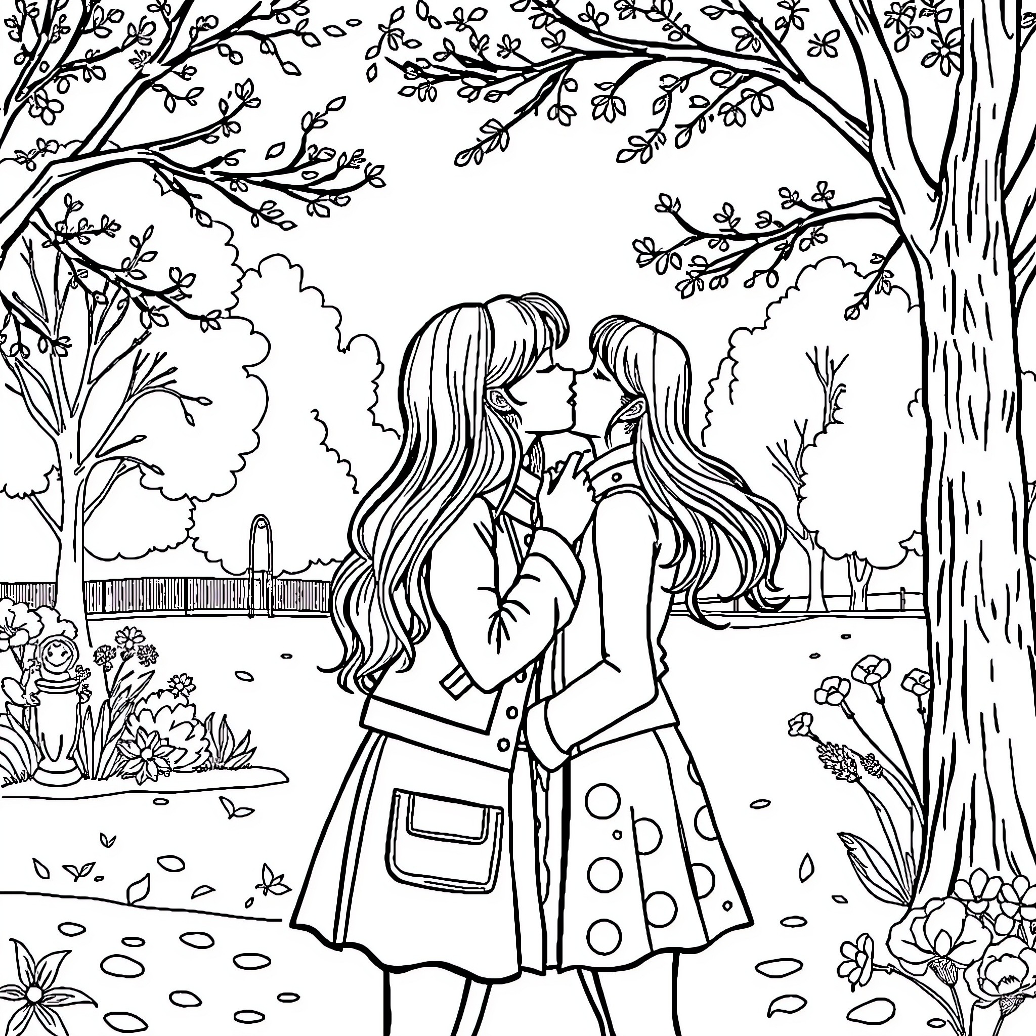 Girl sharing a tender moment with another girl in the park Coloring Page (free black-and-white line drawing printable PDF for all, from beginners to advanced learners, including children, teens, adults, and seniors)