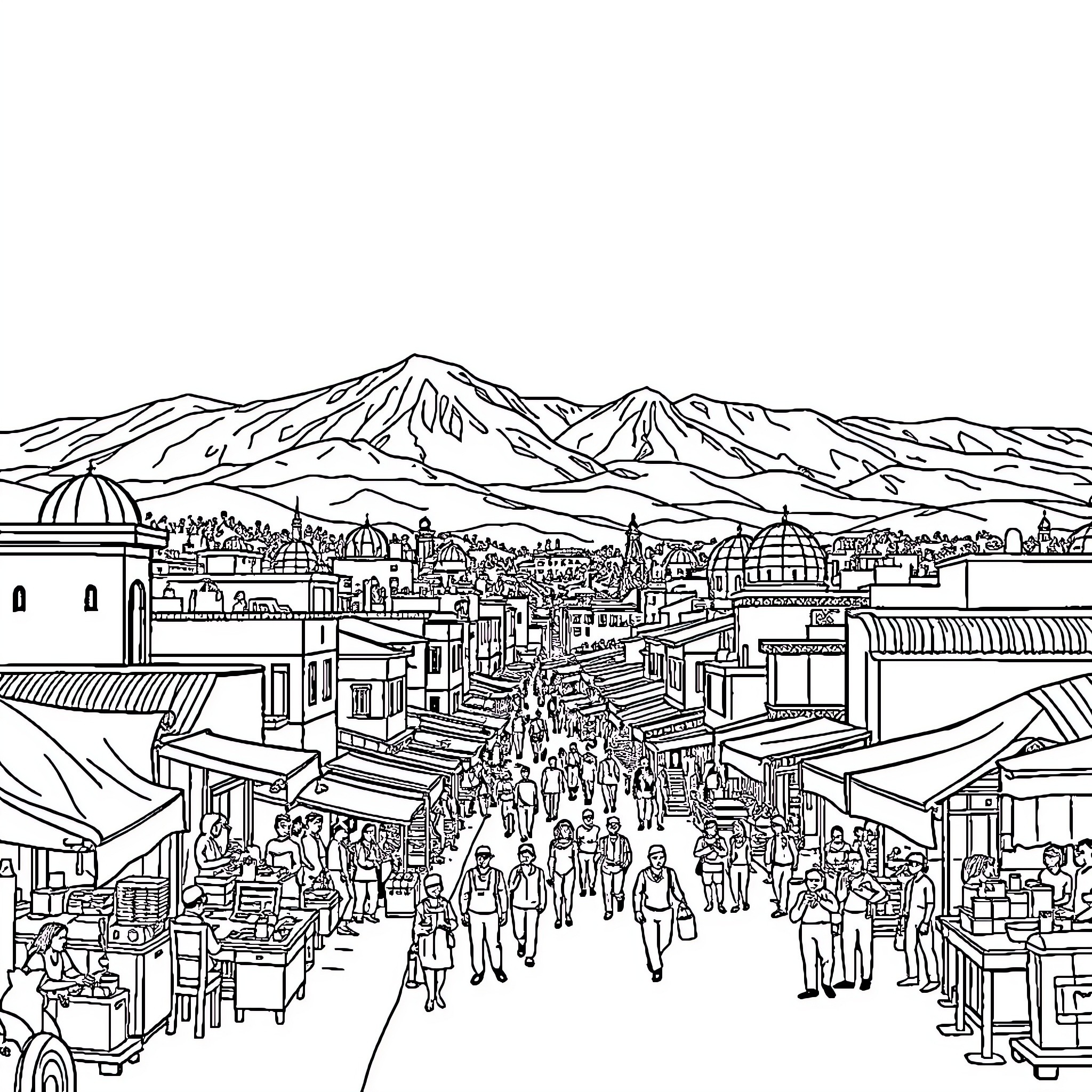 Addis Ababa's bustling street market and mountain landscape Coloring Page (free black-and-white line drawing printable PDF for all, from beginners to advanced learners, including children, teens, adults, and seniors)