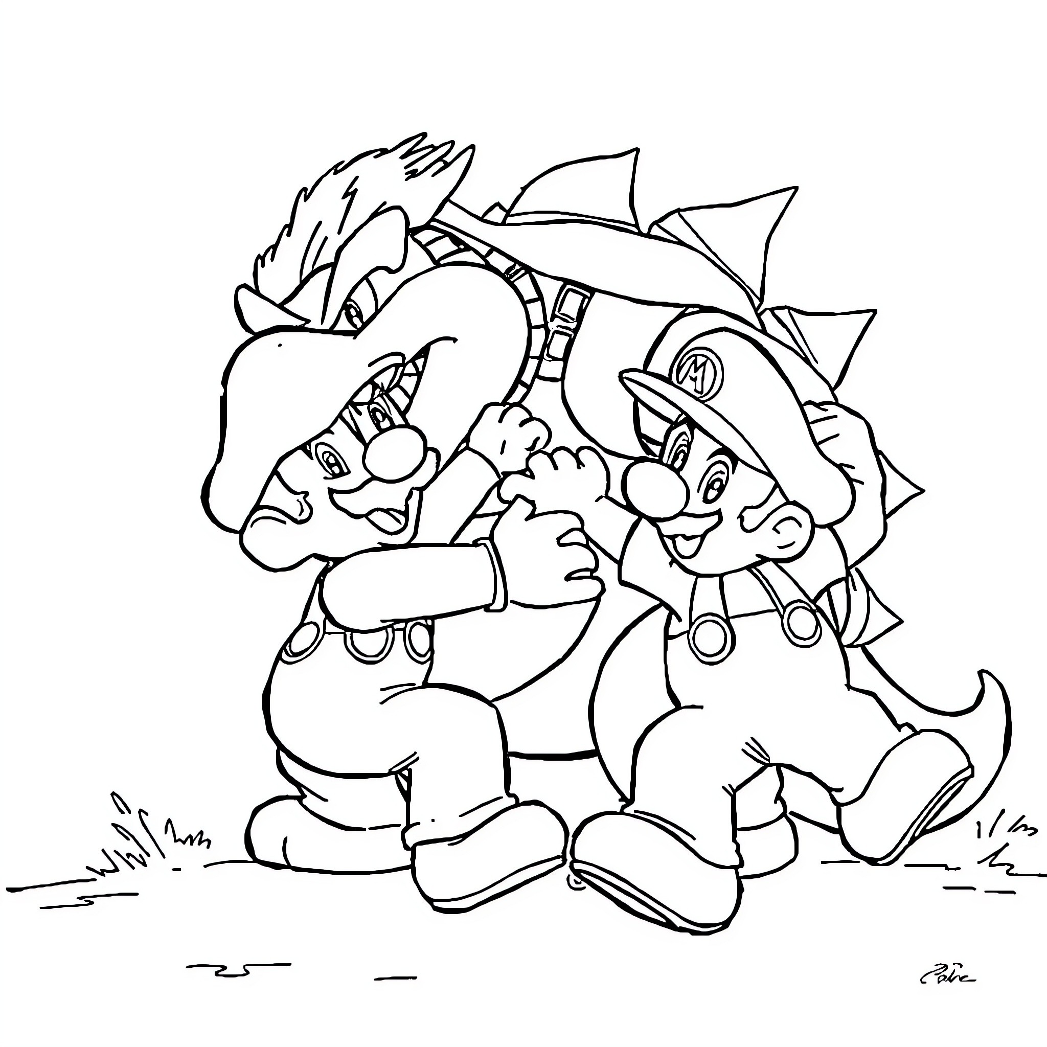 Mario and Luigi's Friendly Adventure Coloring Page (free black-and-white line drawing printable PDF for all, from beginners to advanced learners, including children, teens, adults, and seniors)