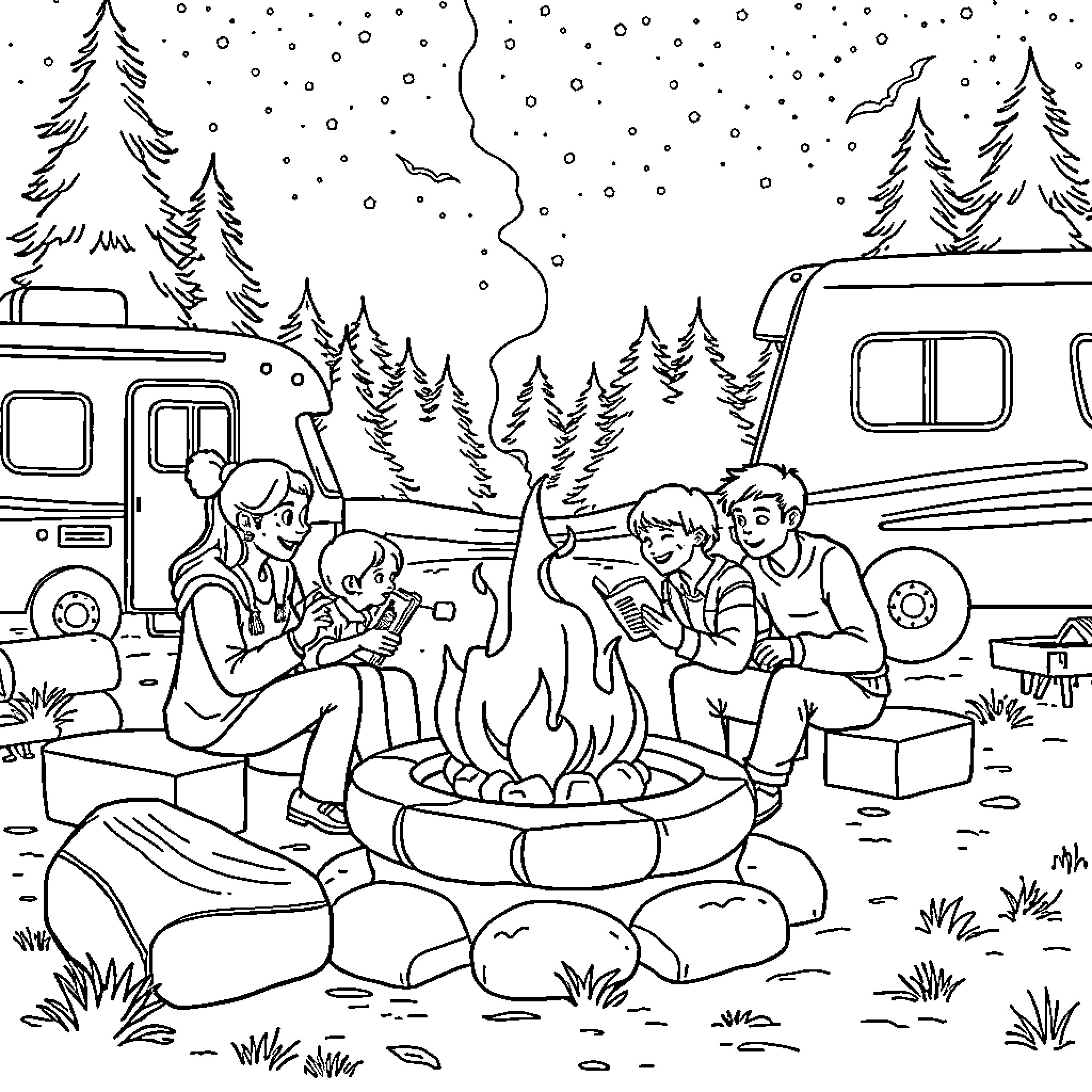 Friends Enjoying Camping Nighttime Adventure Coloring Page (free black-and-white line drawing printable PDF for all, from beginners to advanced learners, including children, teens, adults, and seniors)
