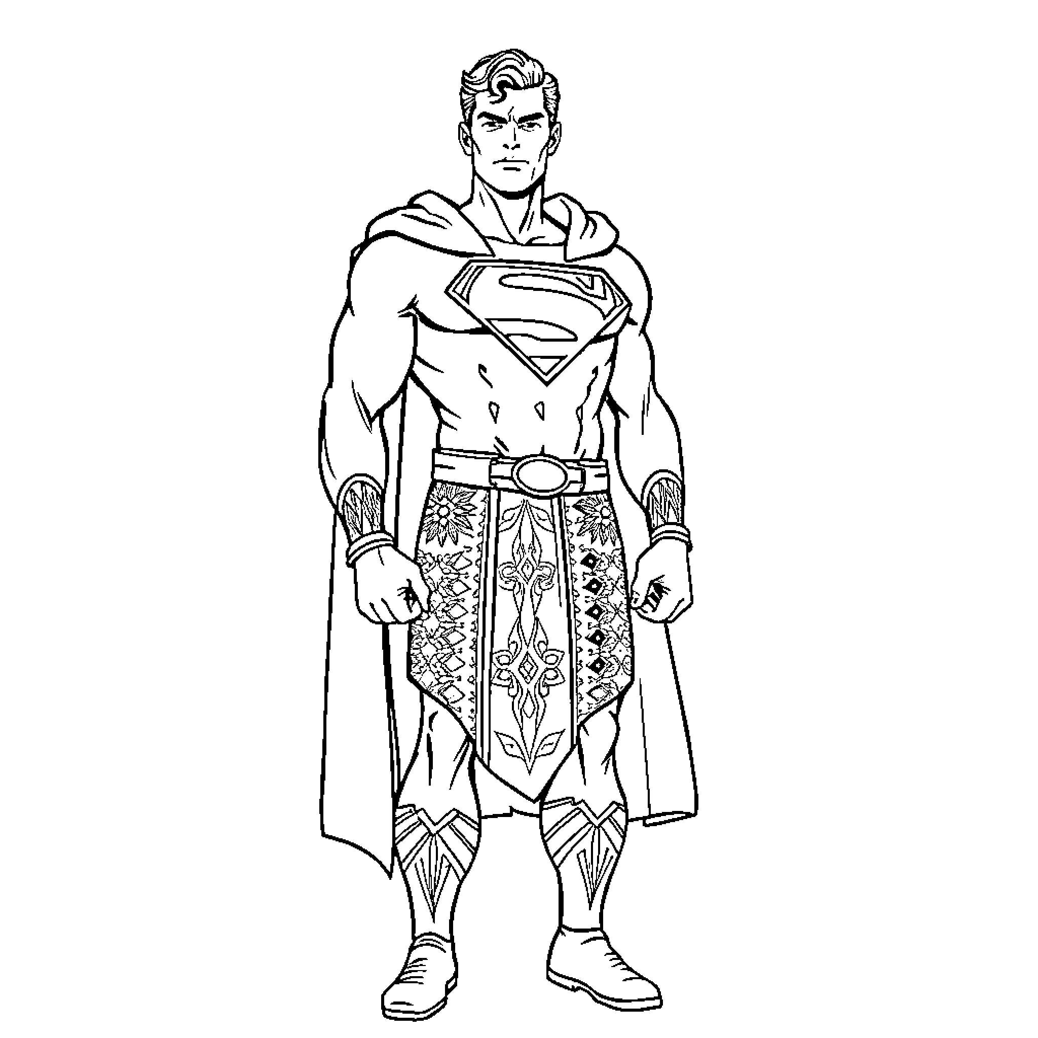 Superman in heroic stance with ornate outfit Coloring Page (free black-and-white line drawing printable PDF for all, from beginners to advanced learners, including children, teens, adults, and seniors)