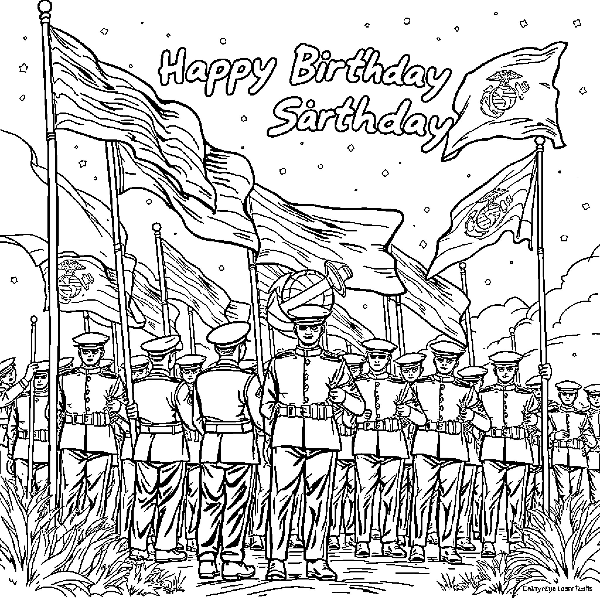 Marine Corps Parade and Birthday Celebration Coloring Page (free black-and-white line drawing printable PDF for all, from beginners to advanced learners, including children, teens, adults, and seniors)