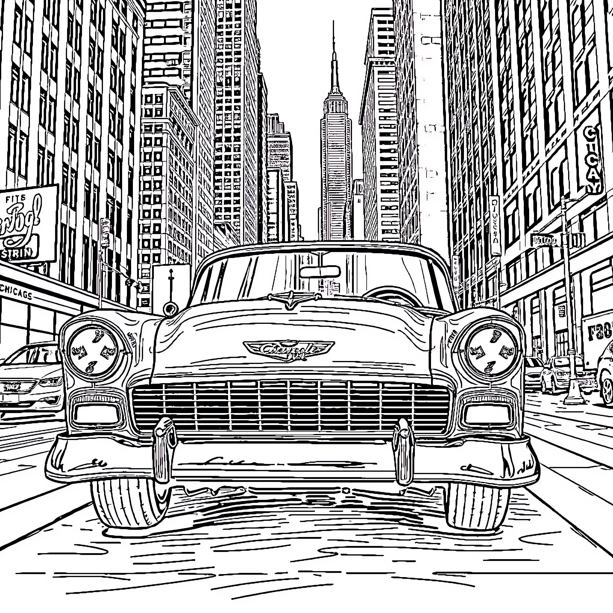 Chevy Cruising Through the City Streets Coloring Page (free black-and-white line drawing printable PDF for all, from beginners to advanced learners, including children, teens, adults, and seniors)
