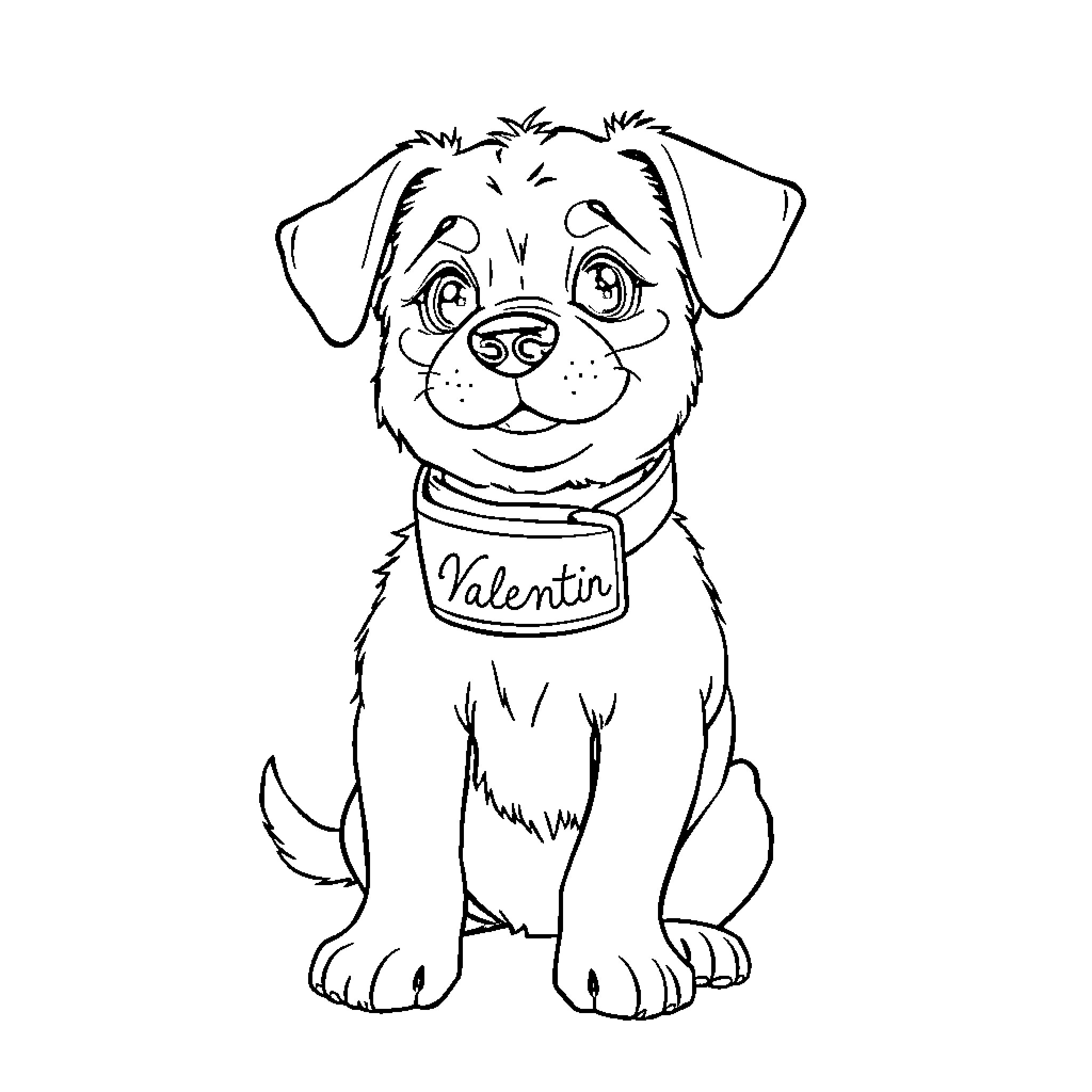 Dog wearing Valentino scarf with a happy expression Coloring Page (free black-and-white line drawing printable PDF for all, from beginners to advanced learners, including children, teens, adults, and seniors)