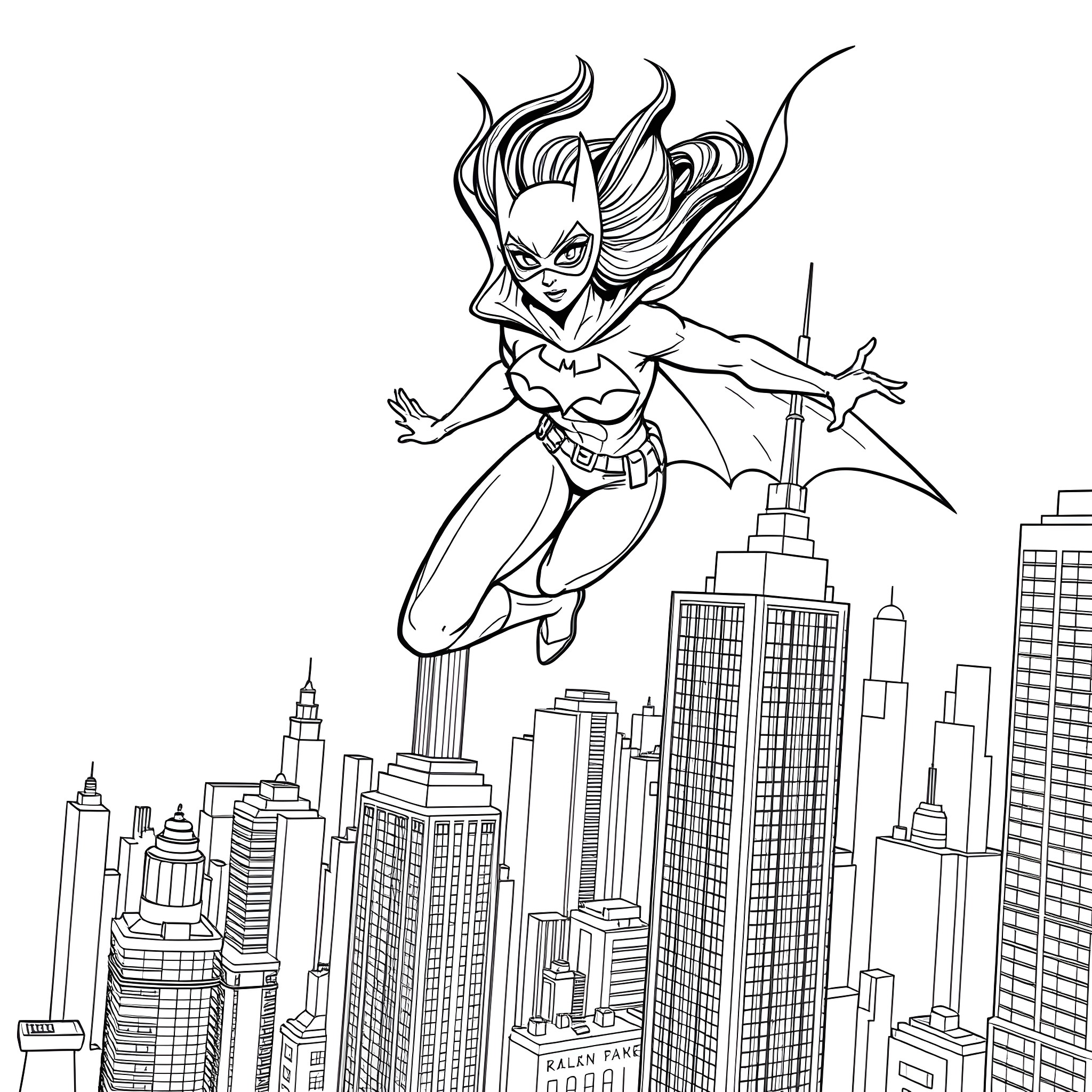 Bat Girl soaring through the city skyline Coloring Page (free black-and-white line drawing printable PDF for all, from beginners to advanced learners, including children, teens, adults, and seniors)