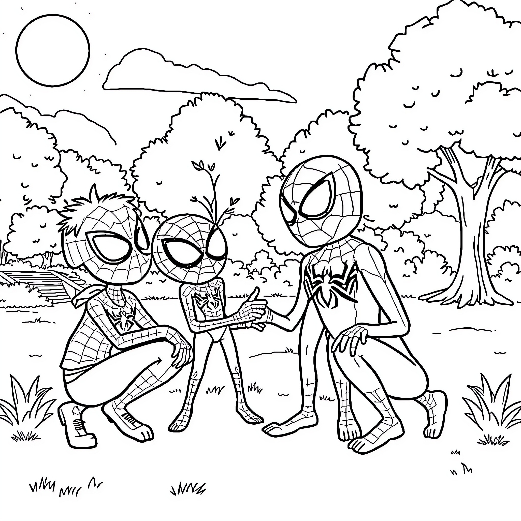 Spidey heroes adventuring in the wild Coloring Page (free black-and-white line drawing printable PDF for all, from beginners to advanced learners, including children, teens, adults, and seniors)