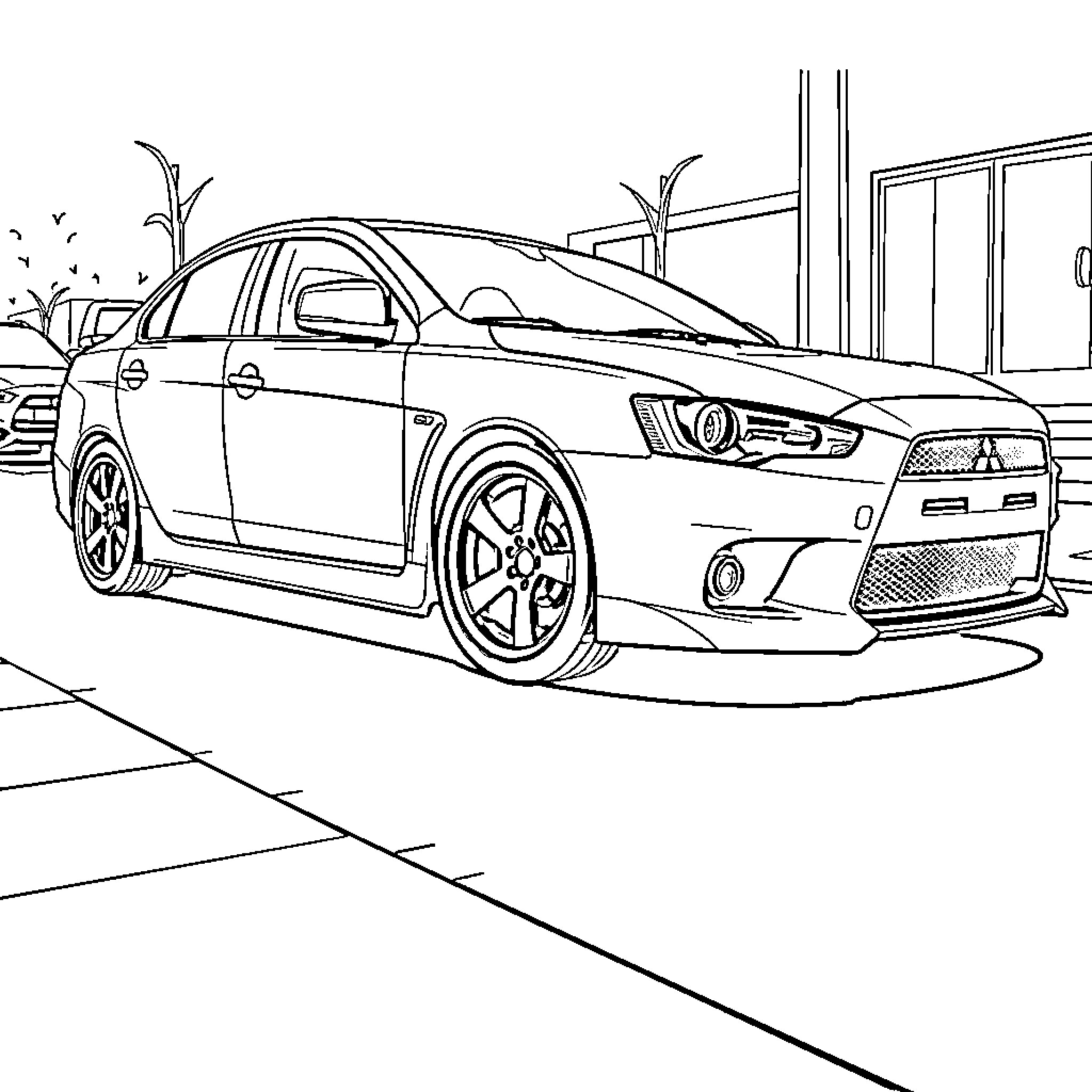 Mitsubishi Lancer parked in front of building Coloring Page (free black-and-white line drawing printable PDF for all, from beginners to advanced learners, including children, teens, adults, and seniors)
