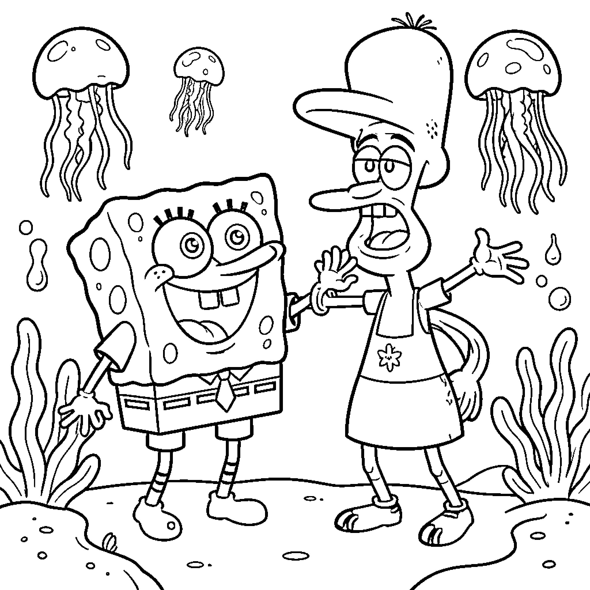Spongebob and Squidward in an underwater scene Coloring Page (free black-and-white line drawing printable PDF for all, from beginners to advanced learners, including children, teens, adults, and seniors)