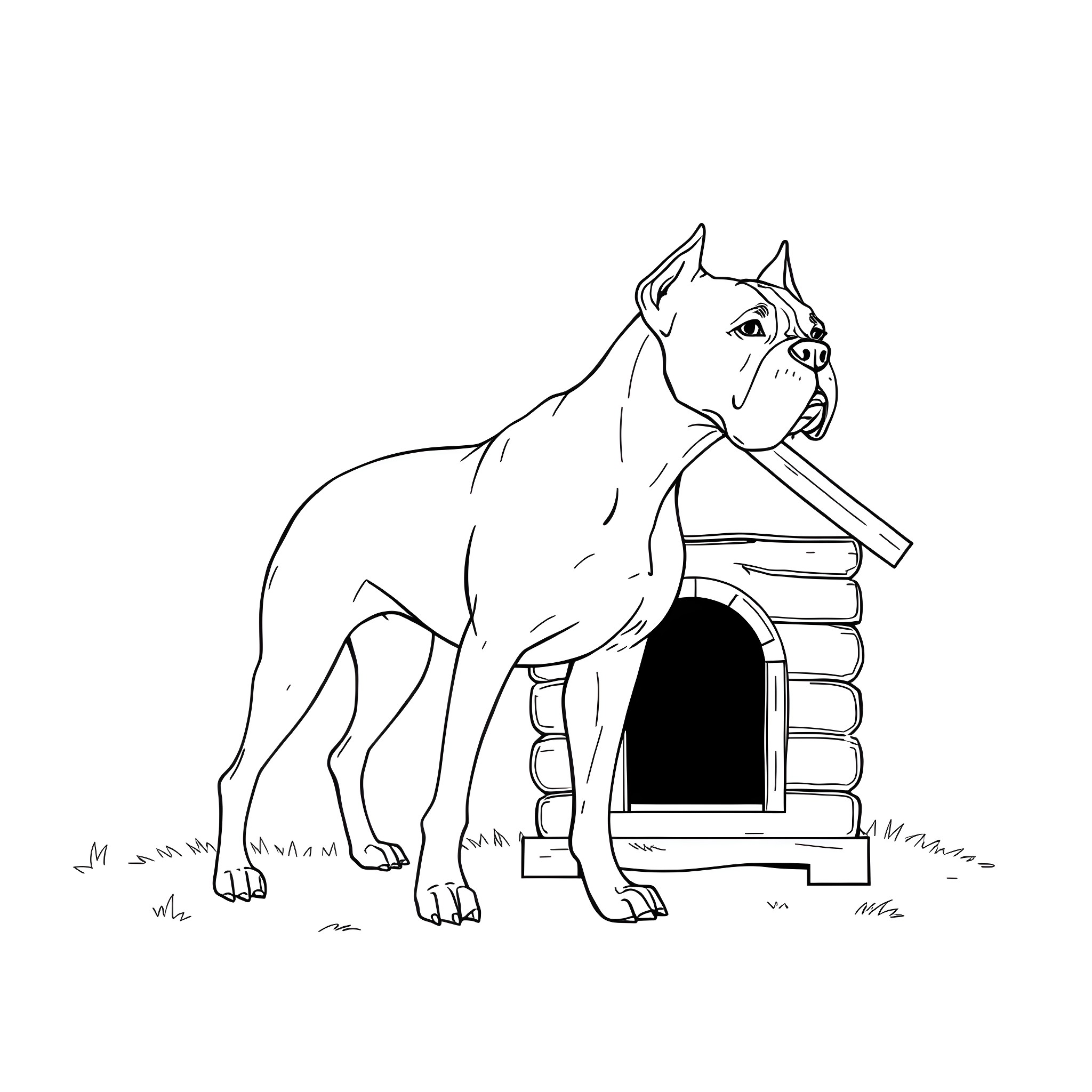 Boxer Dog Guarding Its Doghouse Coloring Page (free black-and-white line drawing printable PDF for all, from beginners to advanced learners, including children, teens, adults, and seniors)