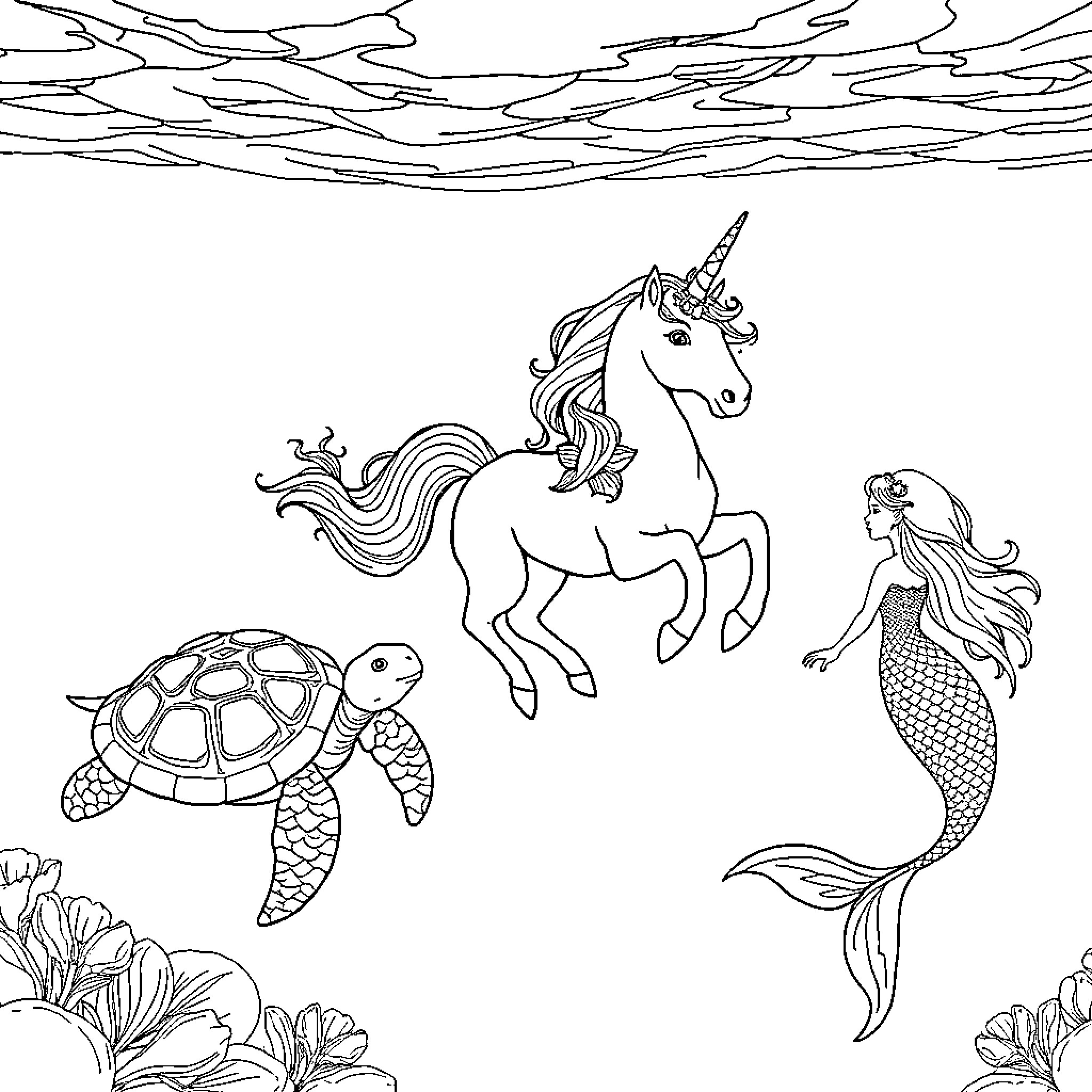 Unicorn, Mermaid, and Turtle in Whimsical Underwater Scene Coloring Page (free black-and-white line drawing printable PDF for all, from beginners to advanced learners, including children, teens, adults, and seniors)