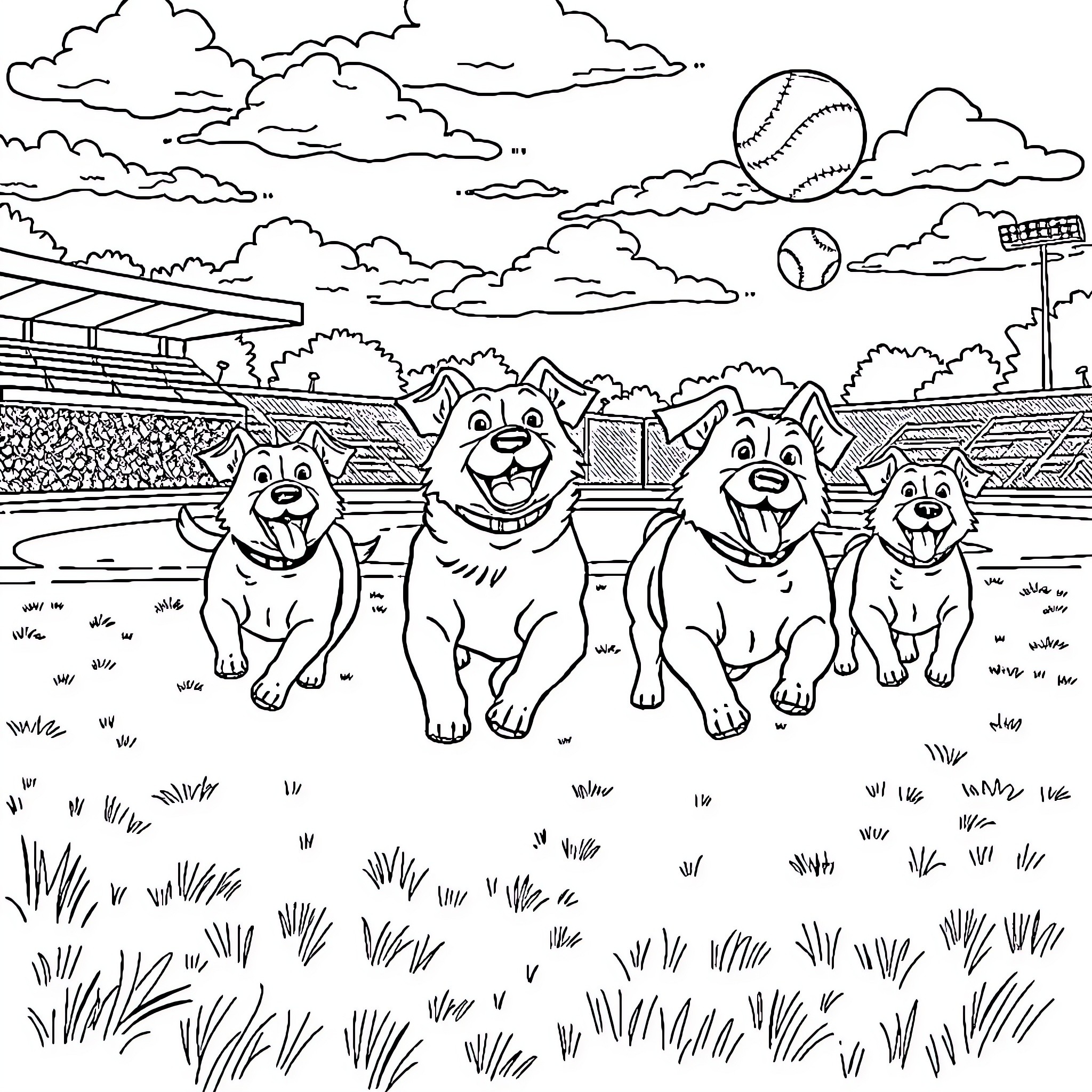 Dogs playing happily at the baseball stadium Coloring Page (free black-and-white line drawing printable PDF for all, from beginners to advanced learners, including children, teens, adults, and seniors)