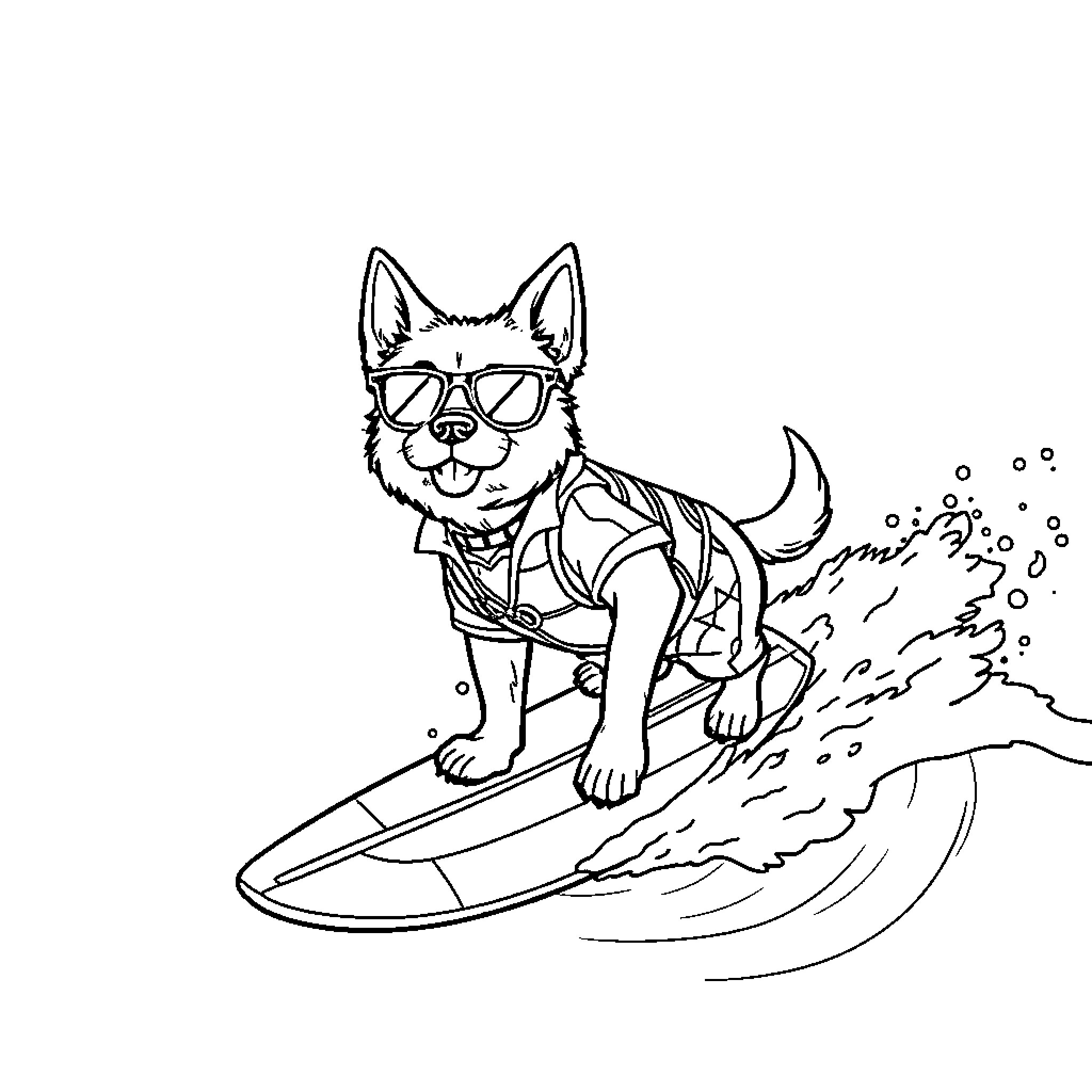 Dog surfing in the waves with sunglasses Coloring Page (free black-and-white line drawing printable PDF for all, from beginners to advanced learners, including children, teens, adults, and seniors)