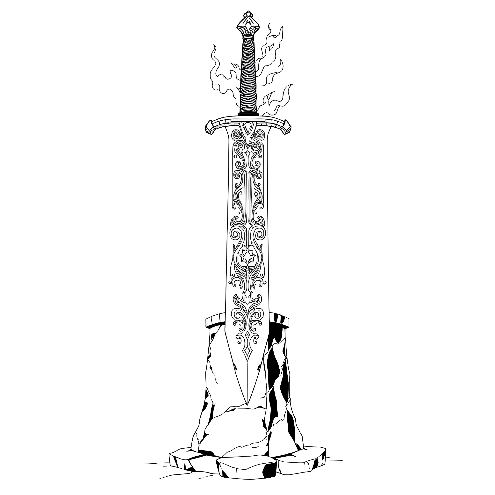 Sword of power rising from the rocks Coloring Page (free black-and-white line drawing printable PDF for all, from beginners to advanced learners, including children, teens, adults, and seniors)