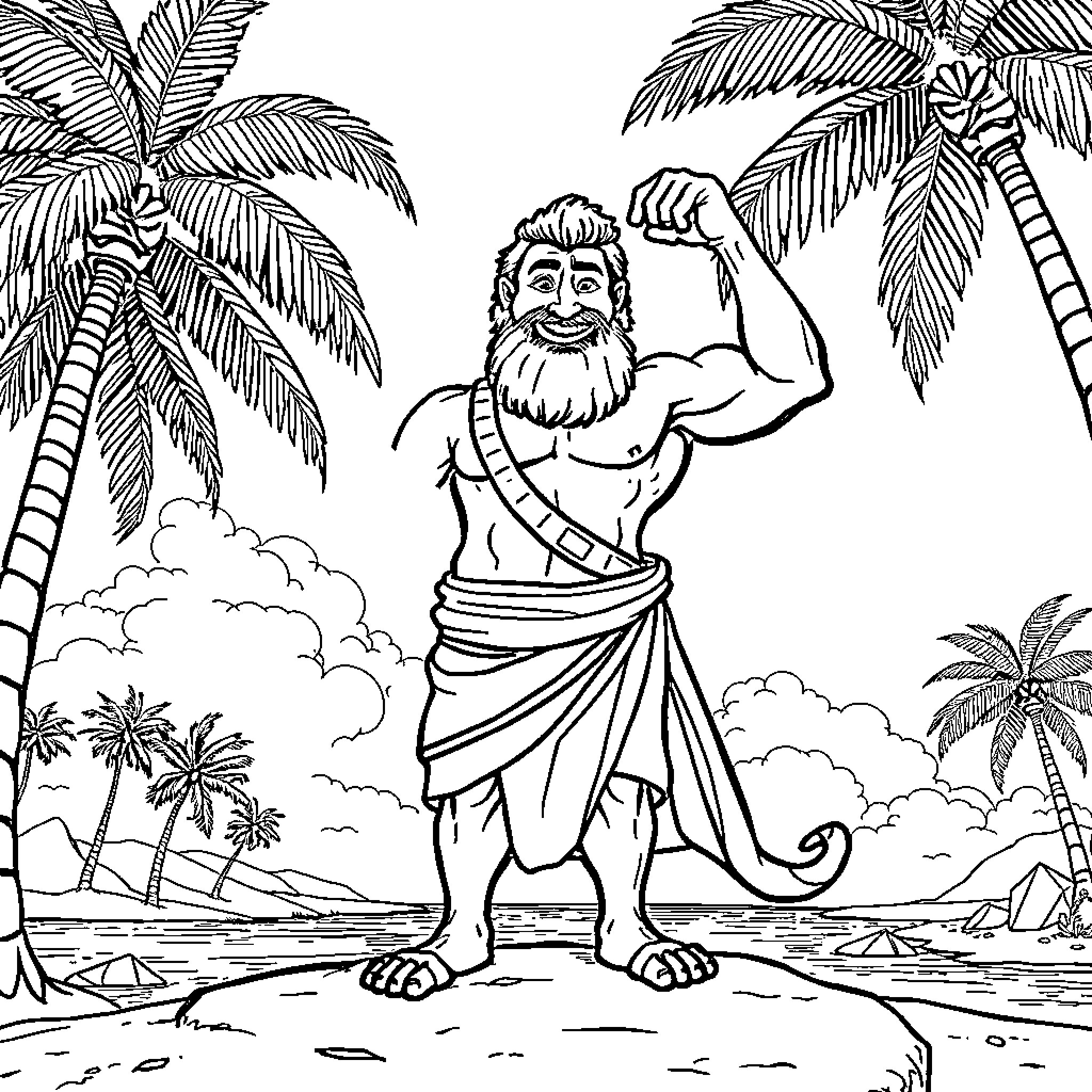 Aesop's Legendary Muscular Figure in Tropical Paradise Coloring Page (free black-and-white line drawing printable PDF for all, from beginners to advanced learners, including children, teens, adults, and seniors)