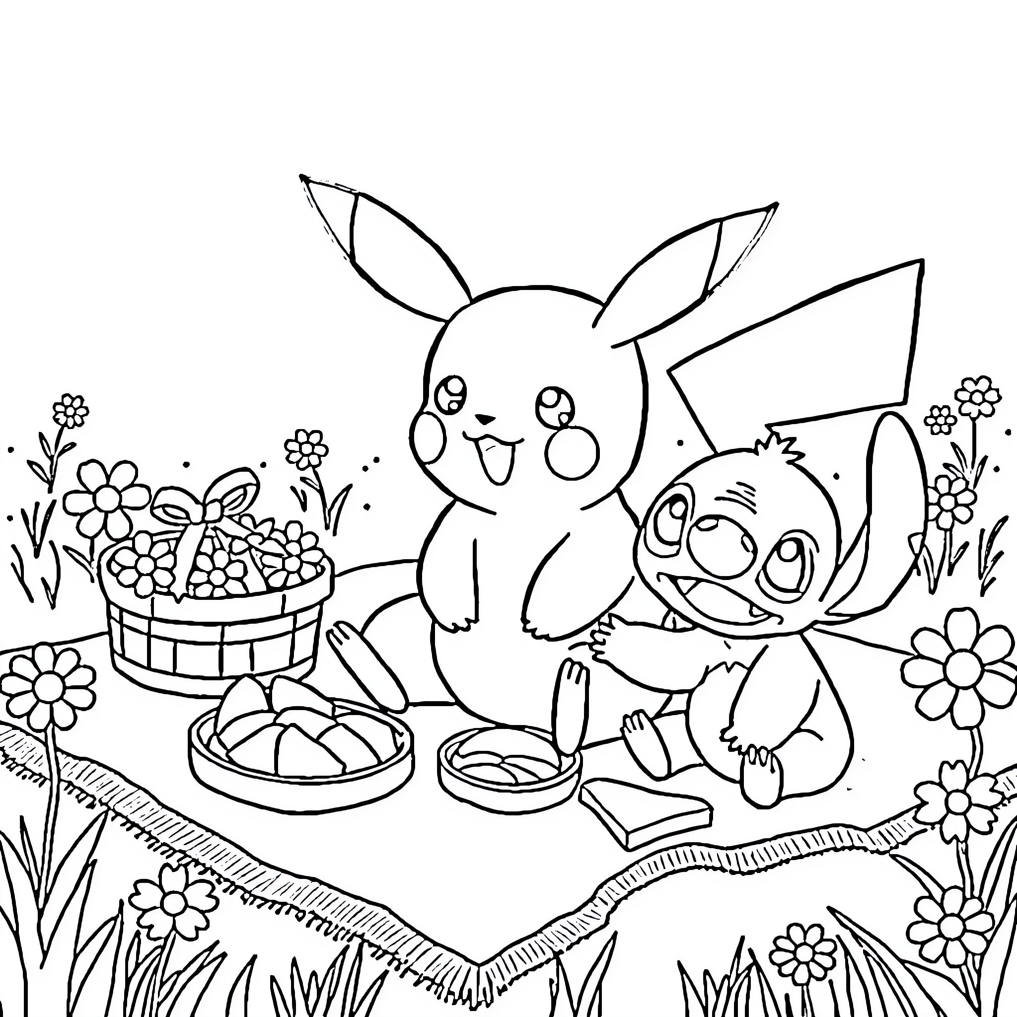 Pikachu and friends enjoying a picnic in the meadow Coloring Page (free black-and-white line drawing printable PDF for all, from beginners to advanced learners, including children, teens, adults, and seniors)