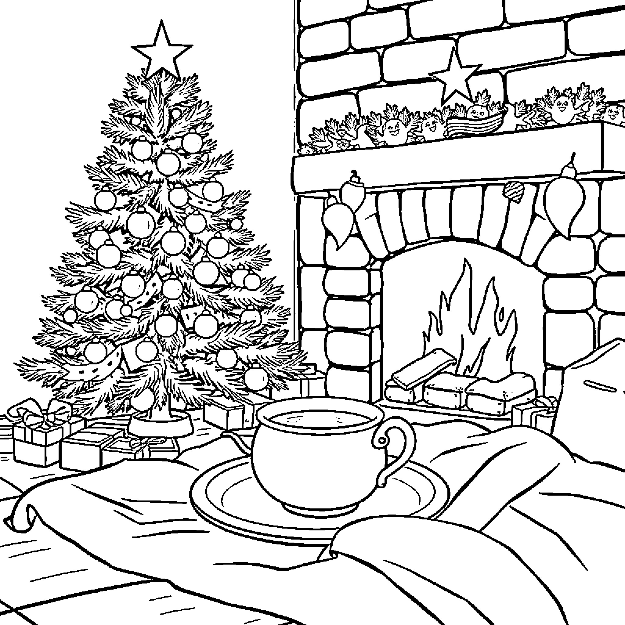 Christmas Tree Decorated with Ornaments in Cozy Fireplace Scene Coloring Page (free black-and-white line drawing printable PDF for all, from beginners to advanced learners, including children, teens, adults, and seniors)