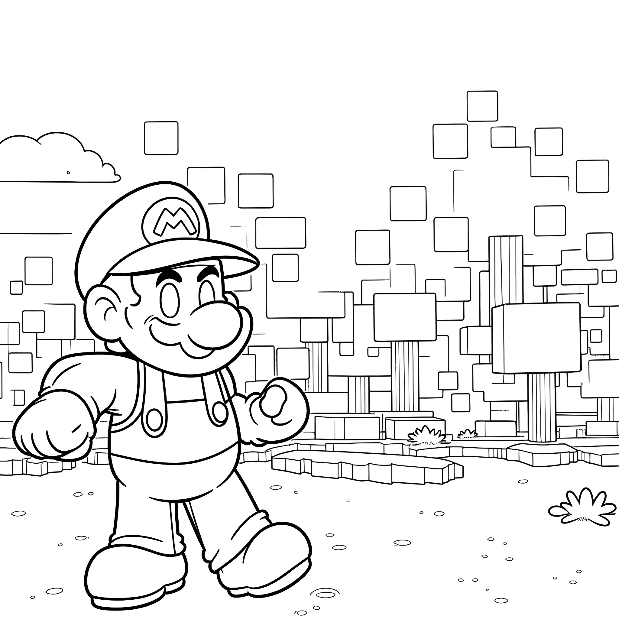 Mario in a Pixelated Cityscape Coloring Page (free black-and-white line drawing printable PDF for all, from beginners to advanced learners, including children, teens, adults, and seniors)