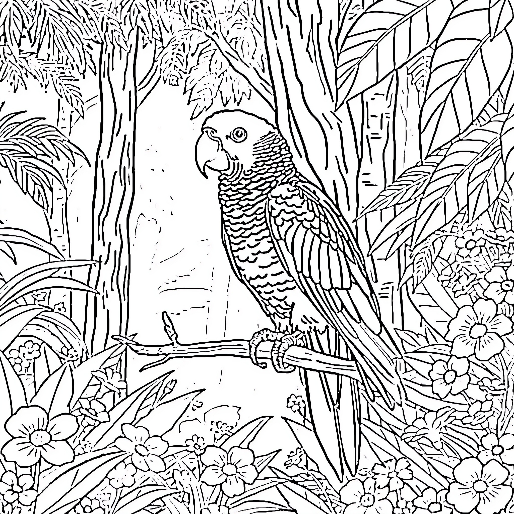 Parrot perched in lush tropical foliage Coloring Page (free black-and-white line drawing printable PDF for all, from beginners to advanced learners, including children, teens, adults, and seniors)