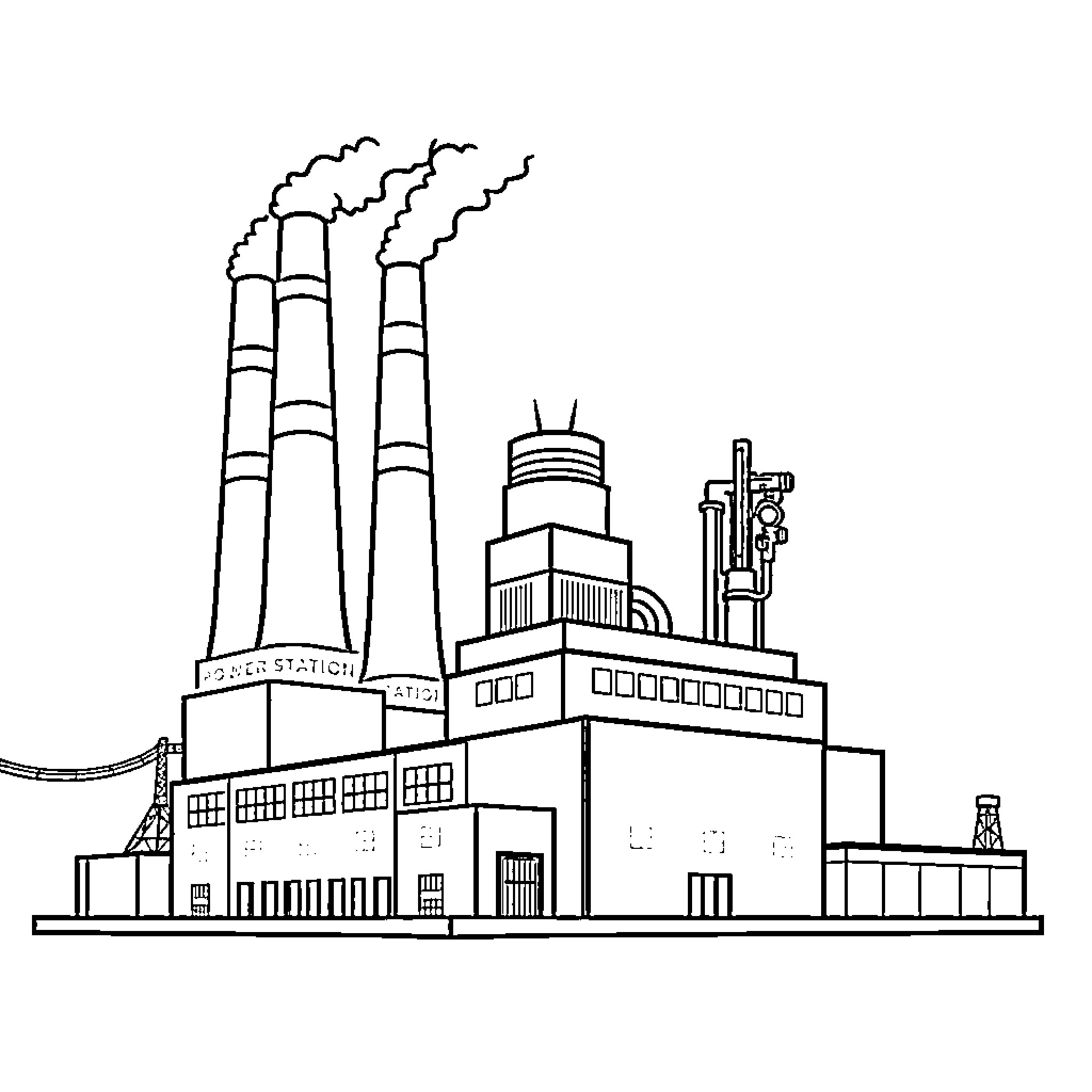 Power Station with Tall Chimneys and Industrial Structures Coloring Page (free black-and-white line drawing printable PDF for all, from beginners to advanced learners, including children, teens, adults, and seniors)