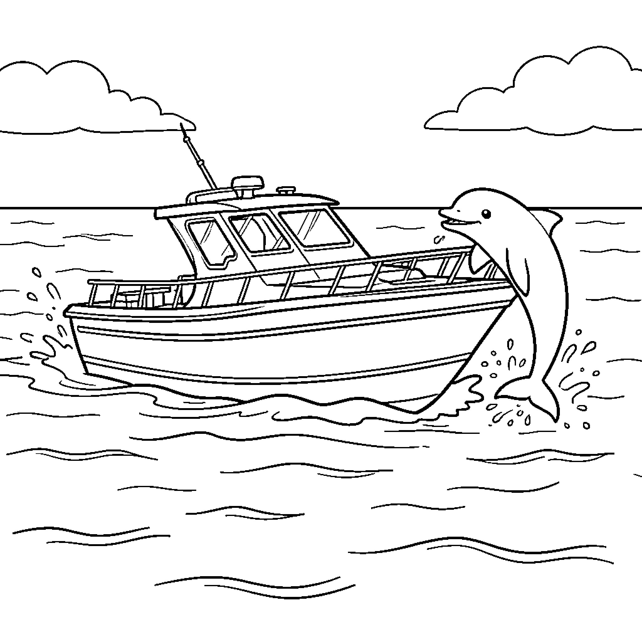 Motor Boat cruising through waves with a jumping dolphin Coloring Page (free black-and-white line drawing printable PDF for all, from beginners to advanced learners, including children, teens, adults, and seniors)