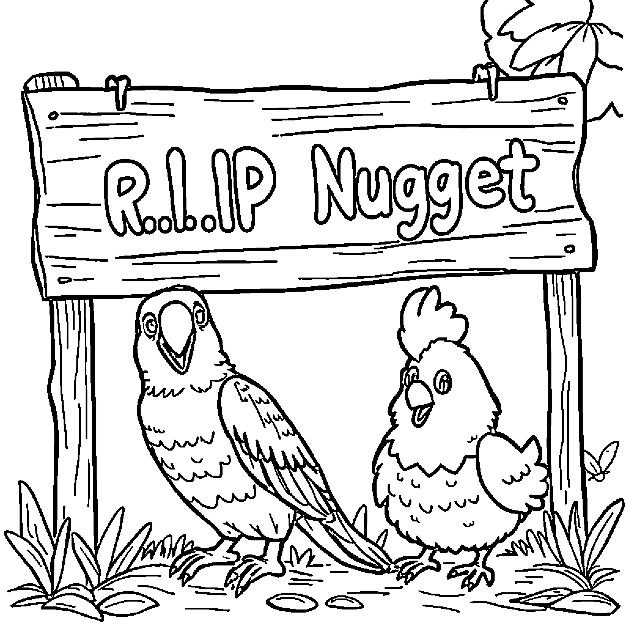 Parakeets perched on a wooden sign Coloring Page (free black-and-white line drawing printable PDF for all, from beginners to advanced learners, including children, teens, adults, and seniors)