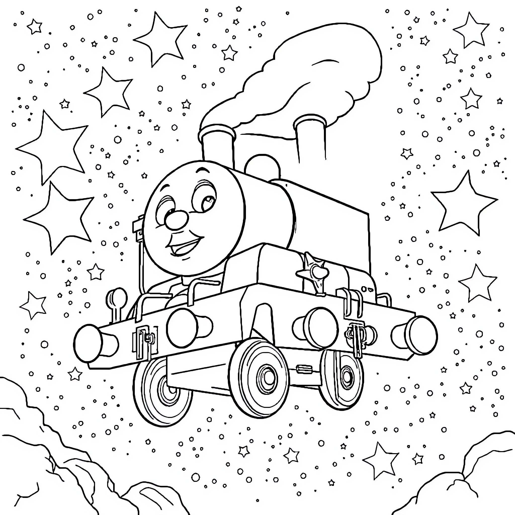 Thomas's Magical Night Journey with Twinkling Stars Coloring Page (free black-and-white line drawing printable PDF for all, from beginners to advanced learners, including children, teens, adults, and seniors)
