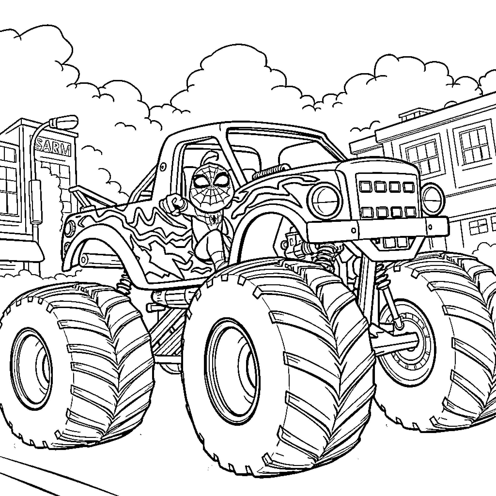 Spiderman driving a monster truck in the city Coloring Page (free black-and-white line drawing printable PDF for all, from beginners to advanced learners, including children, teens, adults, and seniors)