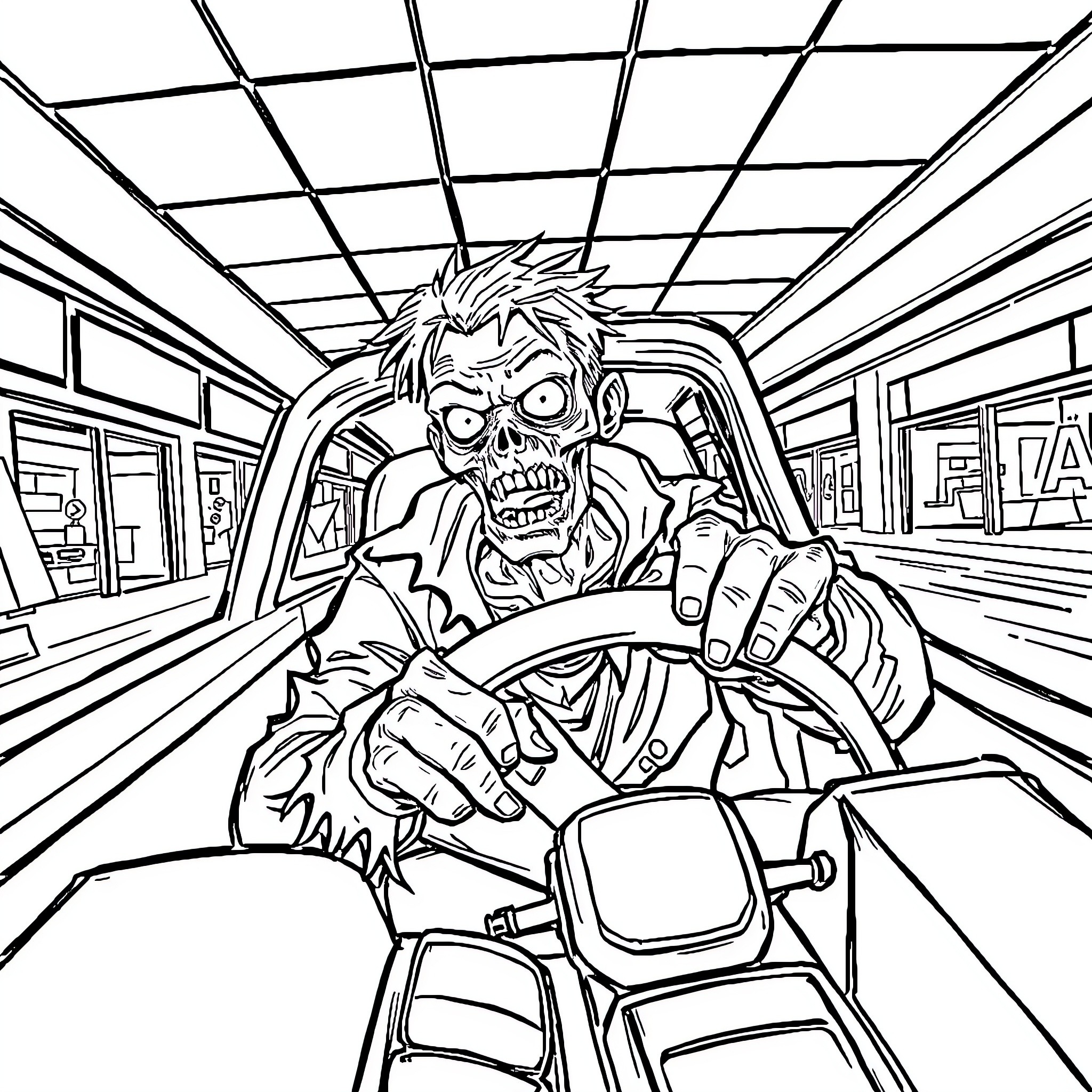 Zombie driving aggressively through the city Coloring Page (free black-and-white line drawing printable PDF for all, from beginners to advanced learners, including children, teens, adults, and seniors)