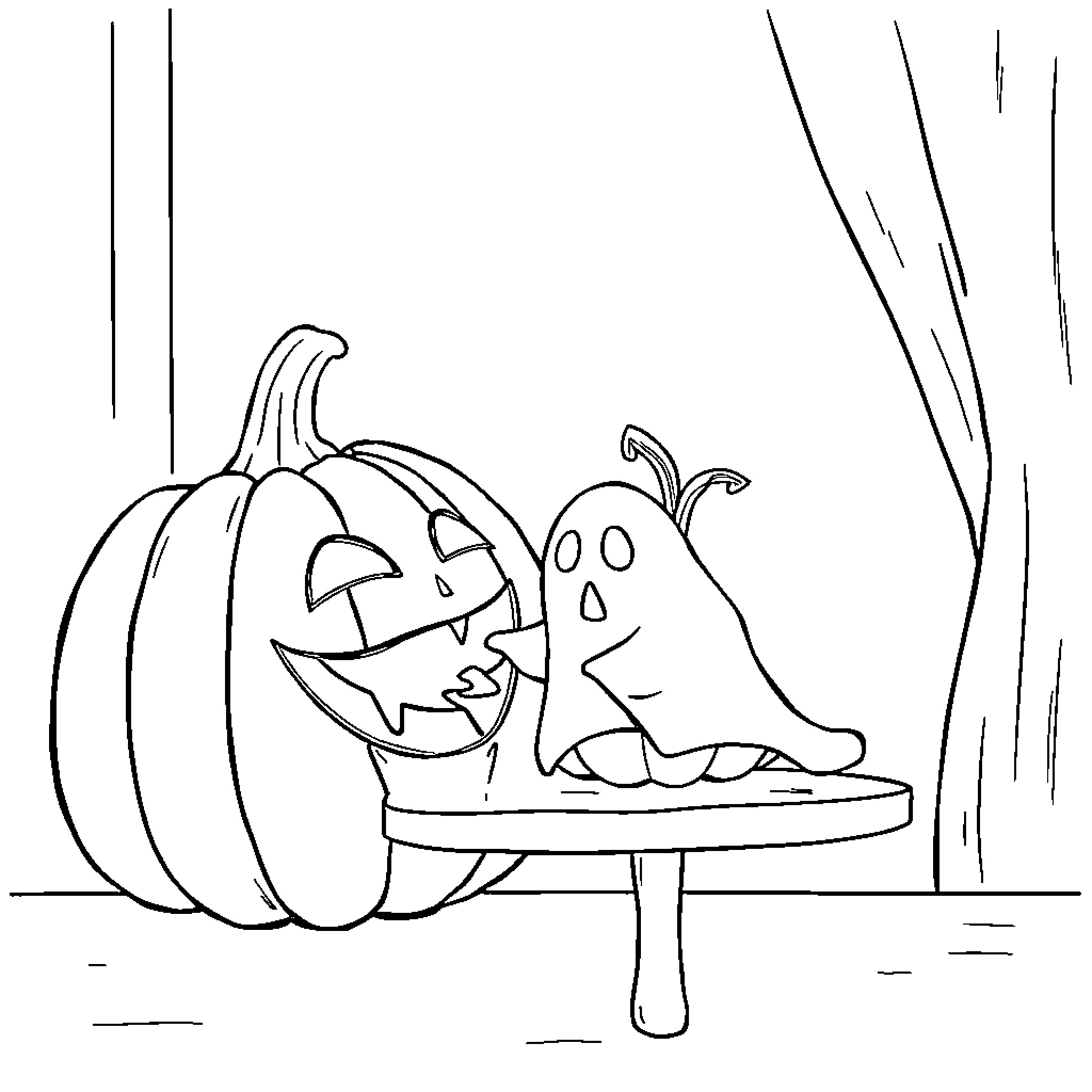 Pumpkin and ghost playing on a bench Coloring Page (free black-and-white line drawing printable PDF for all, from beginners to advanced learners, including children, teens, adults, and seniors)