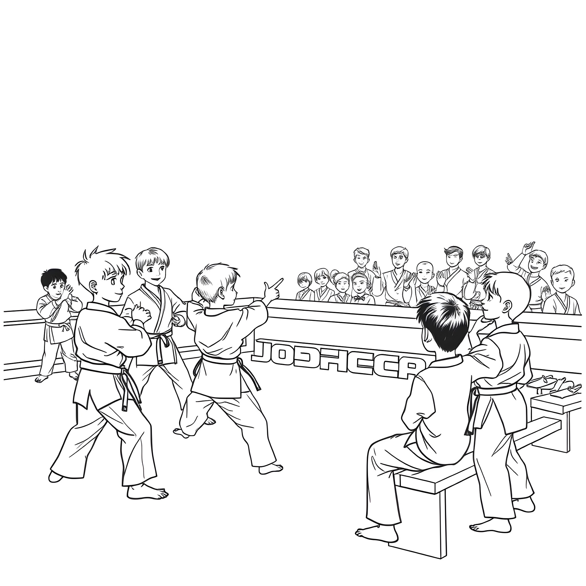 Karate Kid Tournament with Martial Arts Competitors Coloring Page (free black-and-white line drawing printable PDF for all, from beginners to advanced learners, including children, teens, adults, and seniors)