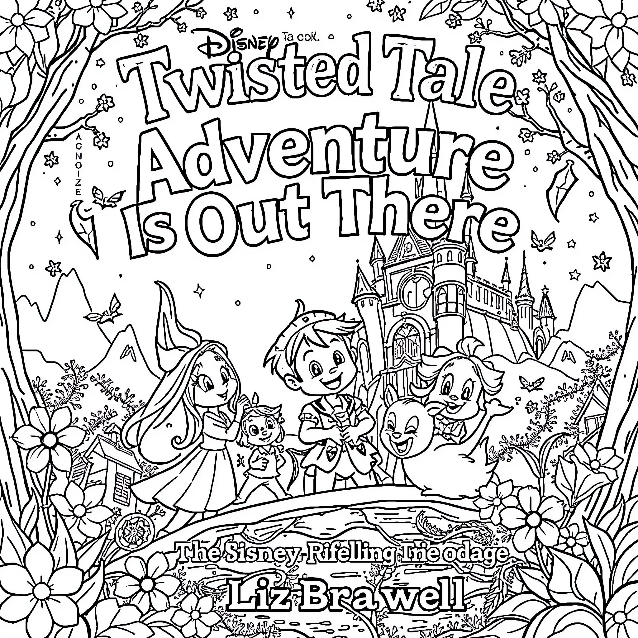 Disney Characters' Twisted Tale Adventure Coloring Page (free black-and-white line drawing printable PDF for all, from beginners to advanced learners, including children, teens, adults, and seniors)