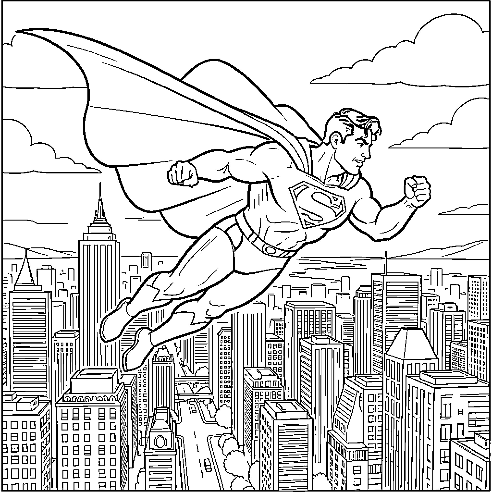 Superman flying heroically above a large city skyline Coloring Page (free black-and-white line drawing printable PDF for all, from beginners to advanced learners, including children, teens, adults, and seniors)