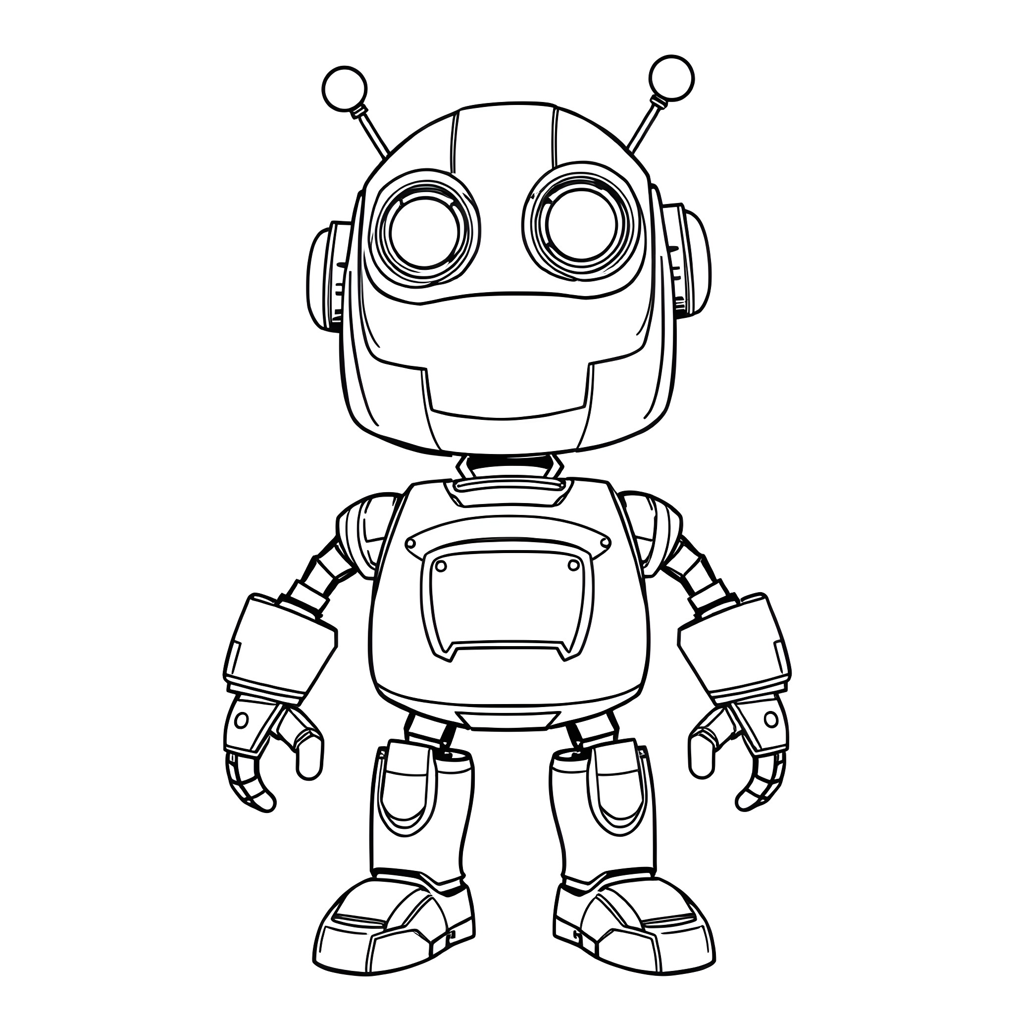 Robot with big eyes and friendly expression Coloring Page (free black-and-white line drawing printable PDF for all, from beginners to advanced learners, including children, teens, adults, and seniors)
