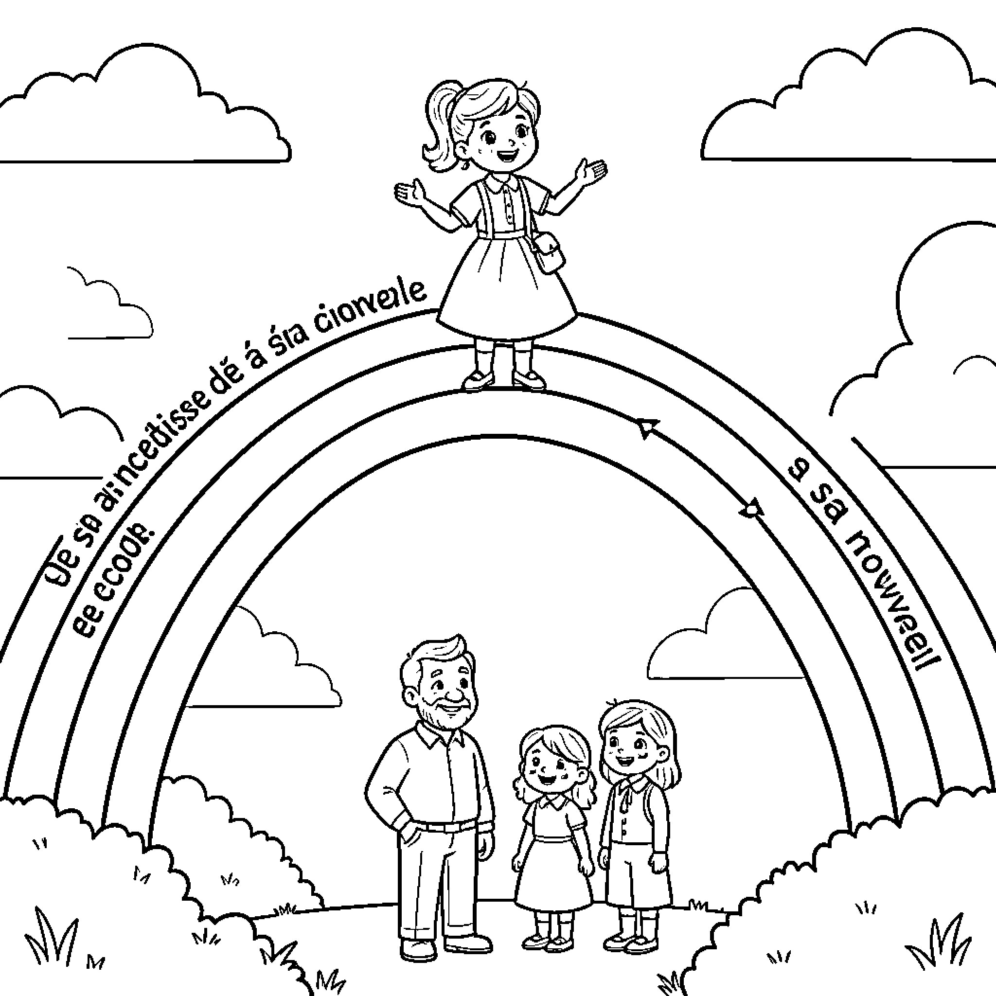 Maîtresse standing joyfully atop a large rainbow Coloring Page (free black-and-white line drawing printable PDF for all, from beginners to advanced learners, including children, teens, adults, and seniors)