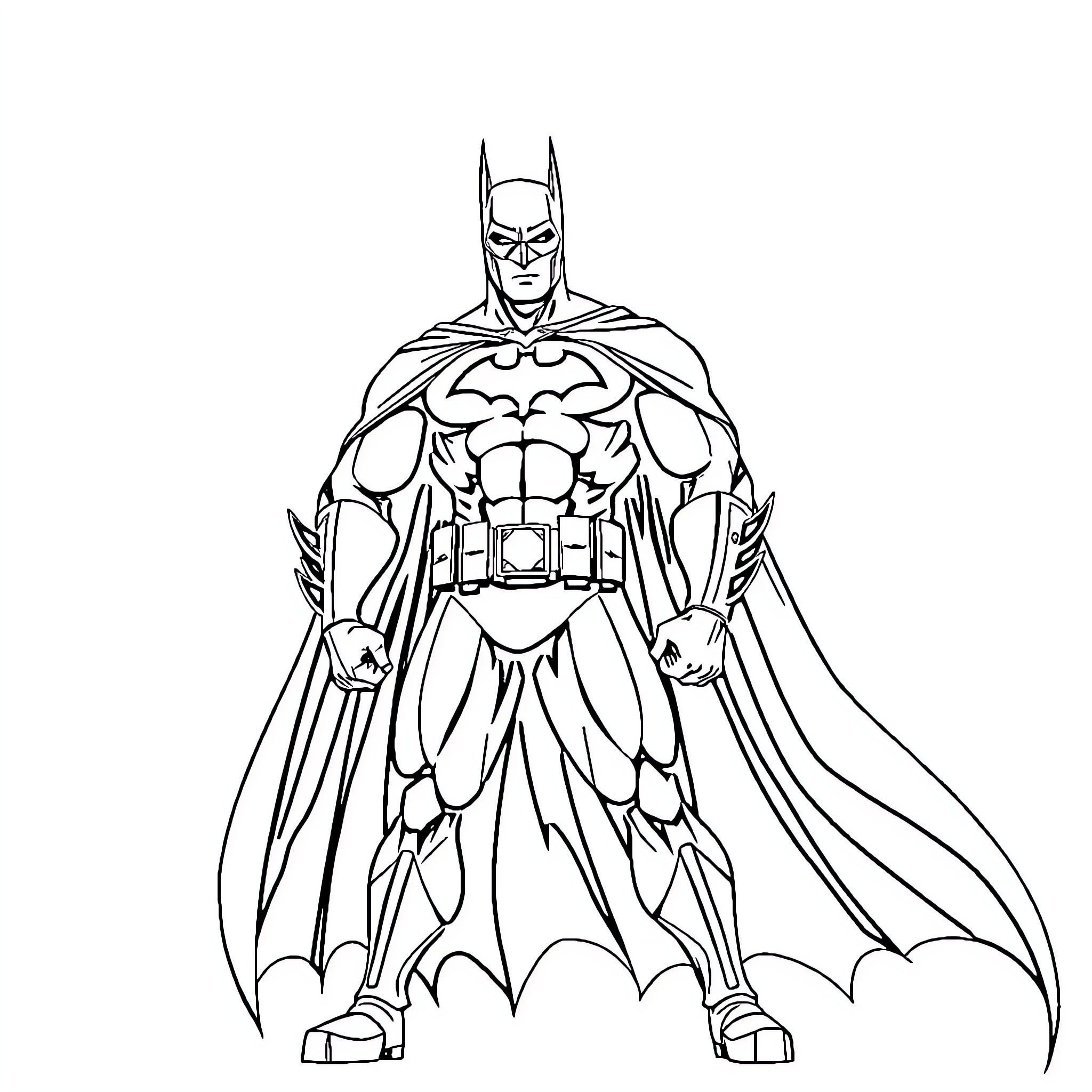 Batman in heroic action pose Coloring Page (free black-and-white line drawing printable PDF for all, from beginners to advanced learners, including children, teens, adults, and seniors)