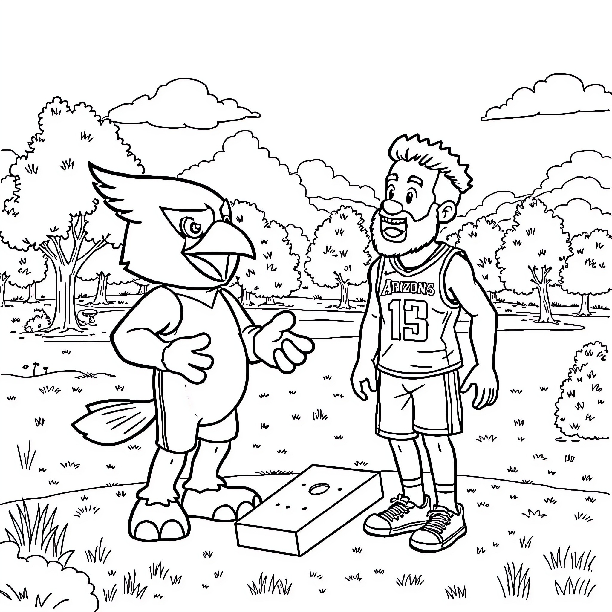 Big Red mascot cheers on basketball player outdoors Coloring Page (free black-and-white line drawing printable PDF for all, from beginners to advanced learners, including children, teens, adults, and seniors)