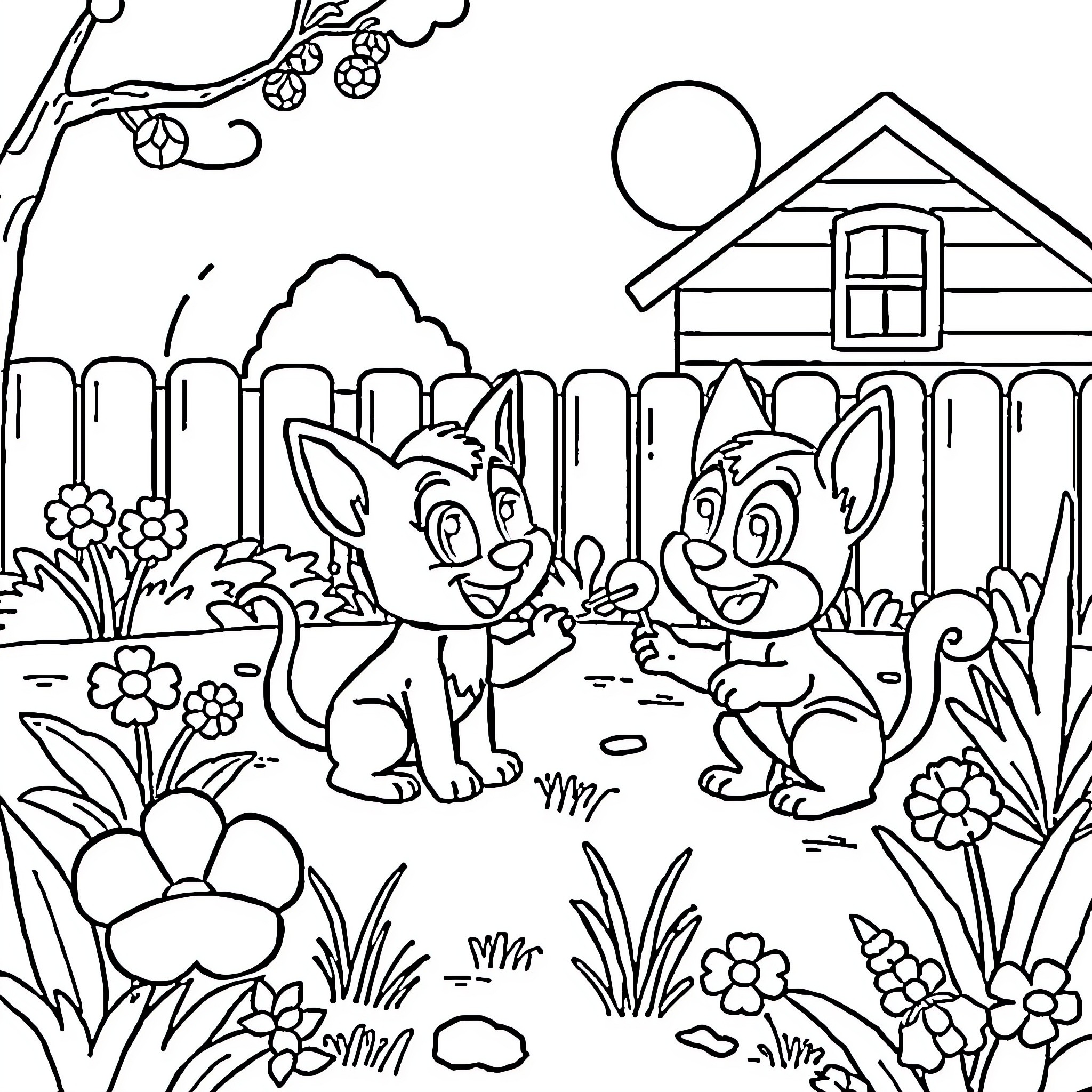 Bingo cats playing in the garden Coloring Page (free black-and-white line drawing printable PDF for all, from beginners to advanced learners, including children, teens, adults, and seniors)
