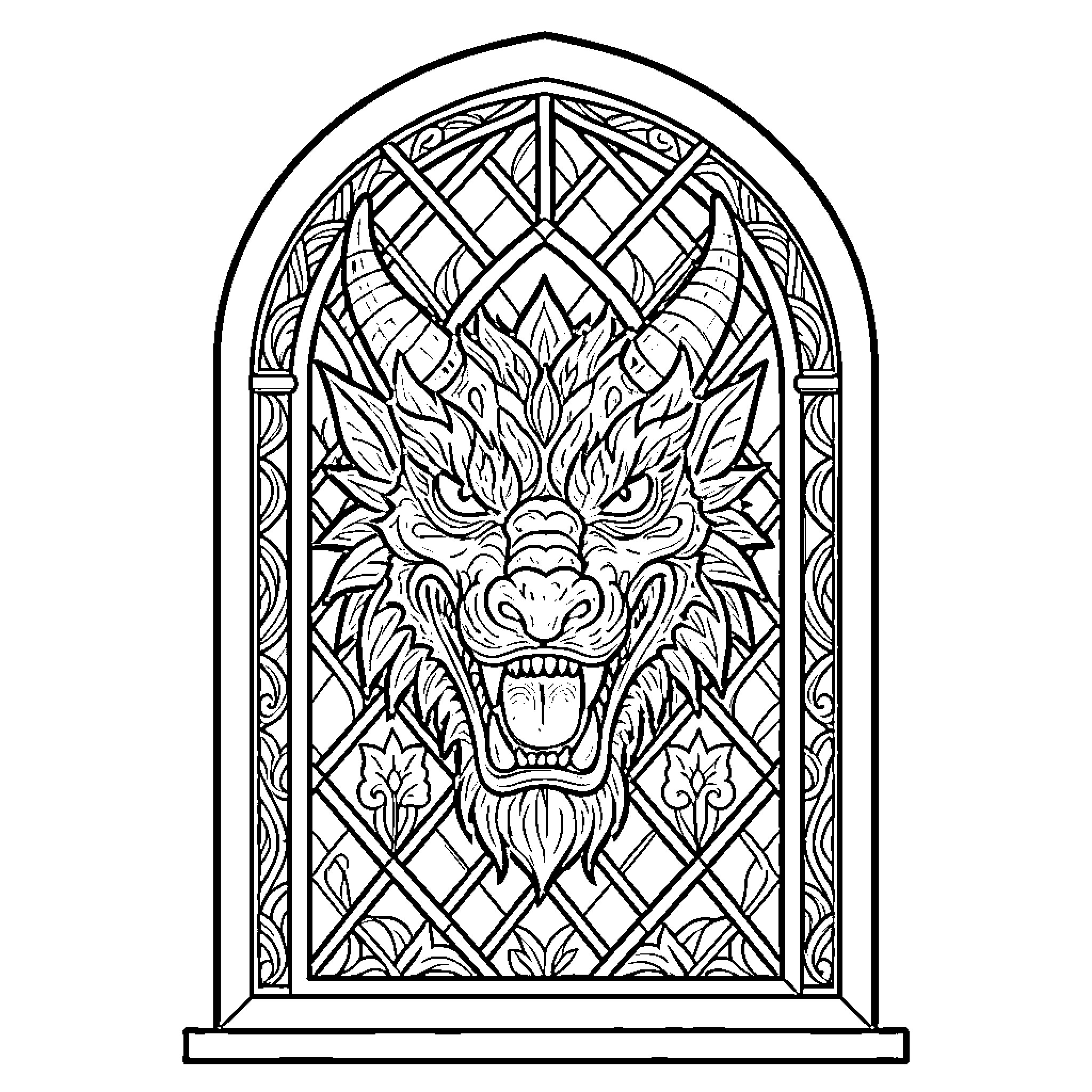Dragon Stained Glass Window Illustration Coloring Page (free black-and-white line drawing printable PDF for all, from beginners to advanced learners, including children, teens, adults, and seniors)