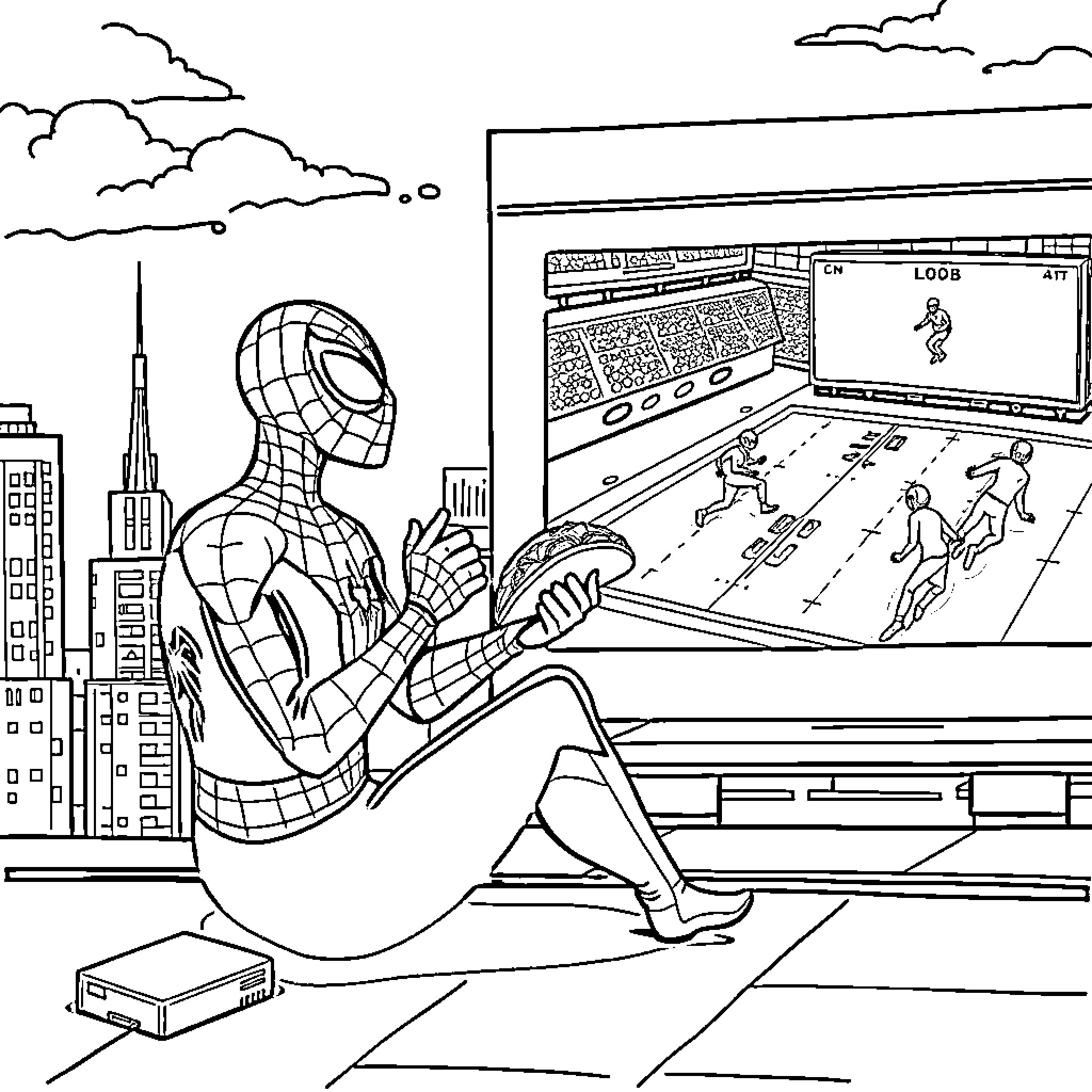 Spiderman playing video game in the city Coloring Page (free black-and-white line drawing printable PDF for all, from beginners to advanced learners, including children, teens, adults, and seniors)