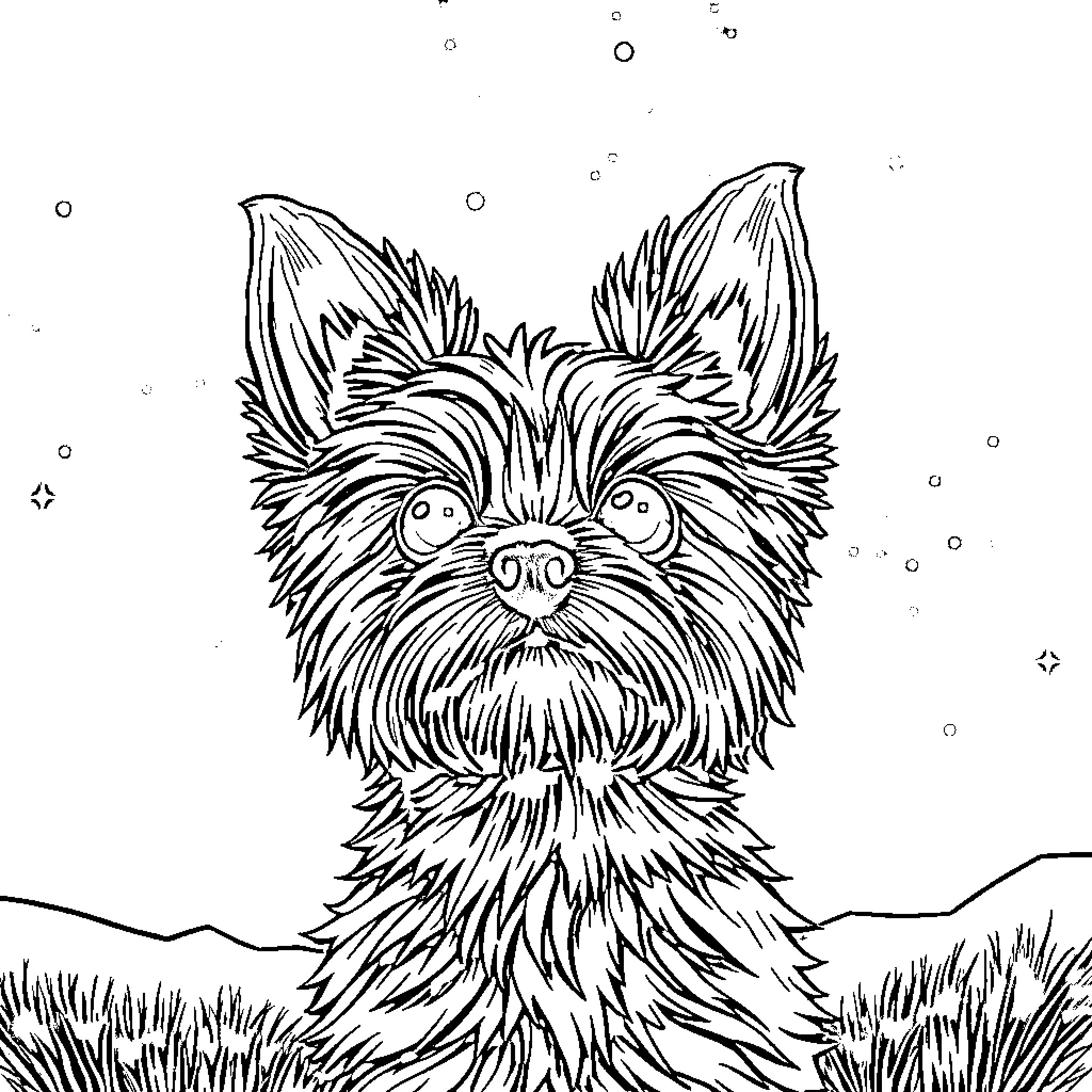Yorkie standing in the grass with a curious expression Coloring Page (free black-and-white line drawing printable PDF for all, from beginners to advanced learners, including children, teens, adults, and seniors)