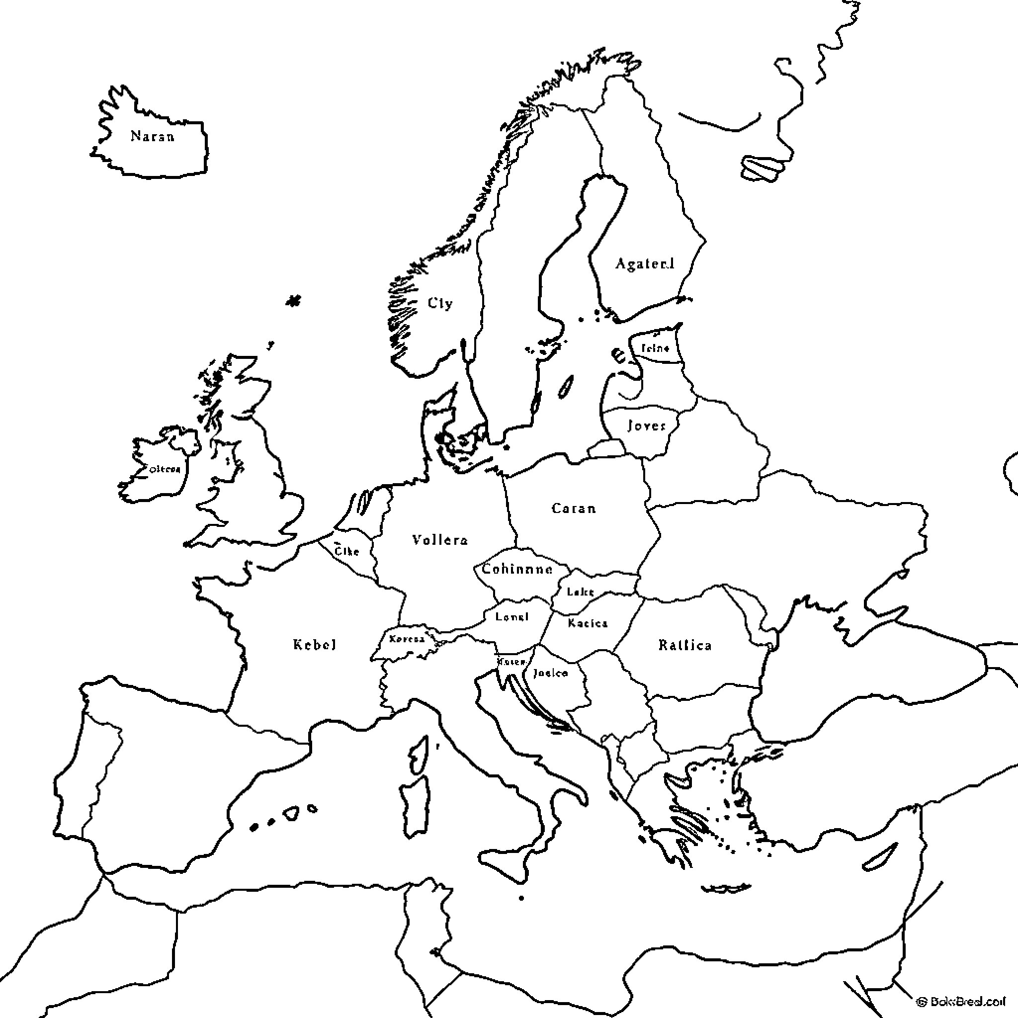 Map of Europe showing country outlines Coloring Page (free black-and-white line drawing printable PDF for all, from beginners to advanced learners, including children, teens, adults, and seniors)