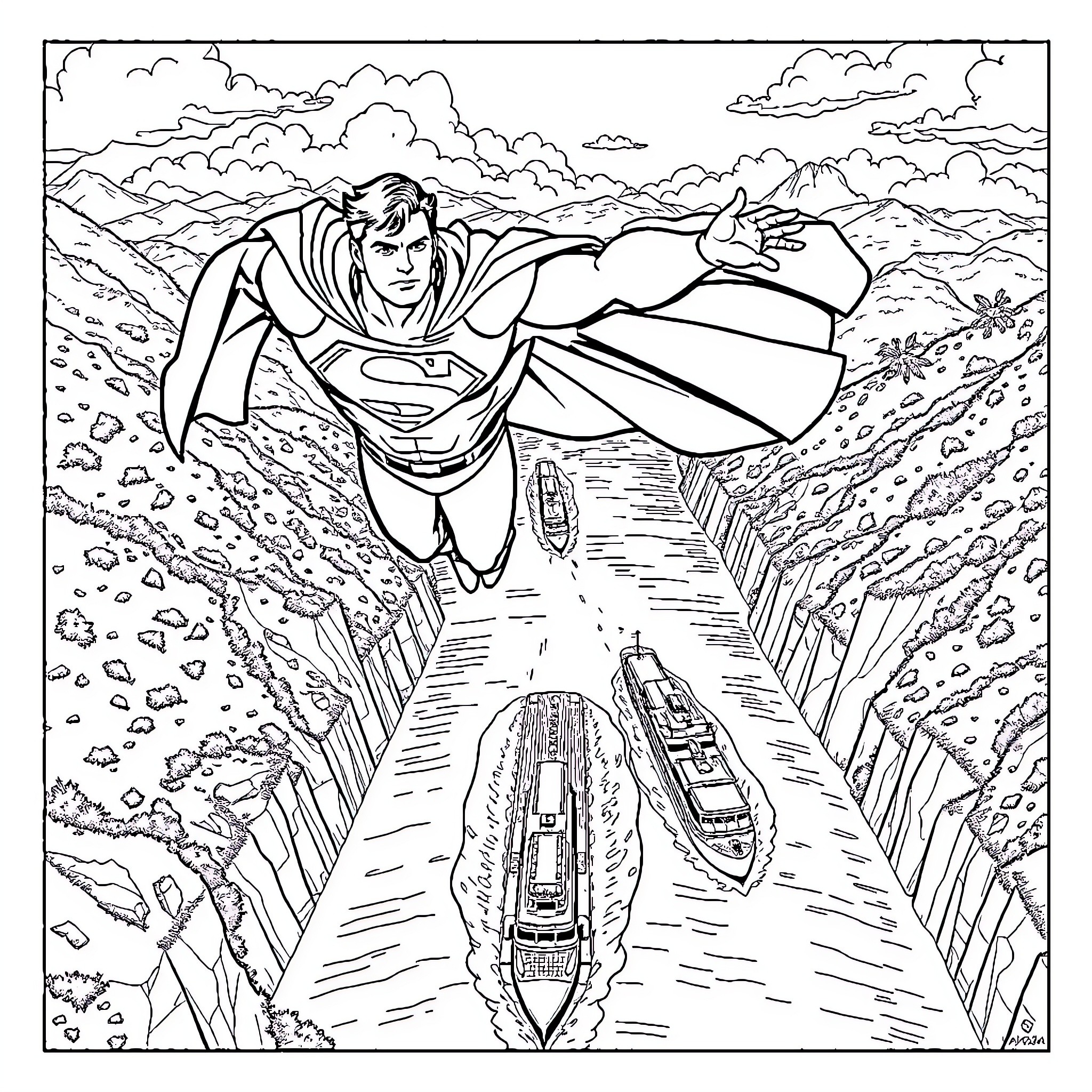 Superman soaring over a scenic landscape Coloring Page (free black-and-white line drawing printable PDF for all, from beginners to advanced learners, including children, teens, adults, and seniors)
