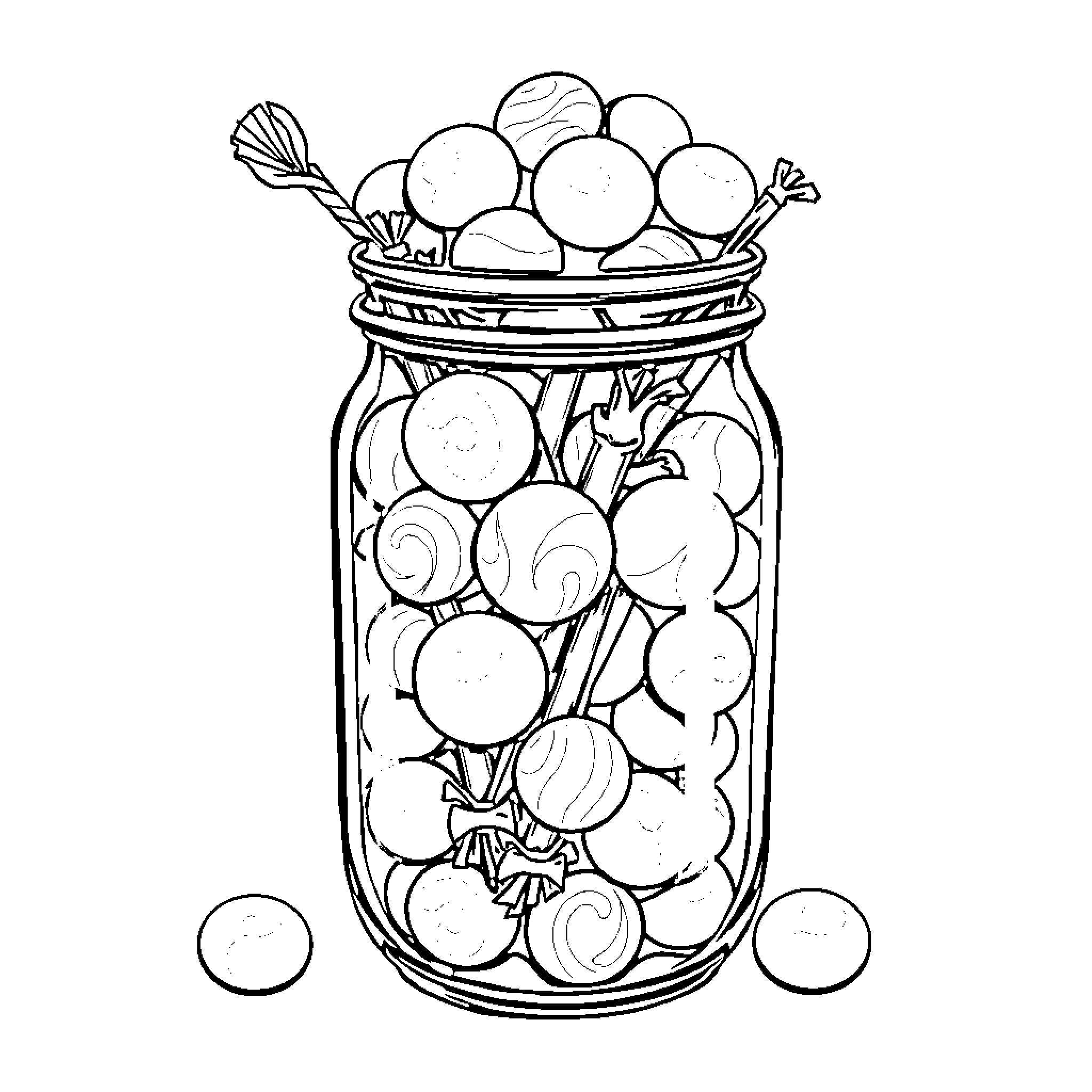 Candy in a Jar with Whimsical Shapes Coloring Page (free black-and-white line drawing printable PDF for all, from beginners to advanced learners, including children, teens, adults, and seniors)