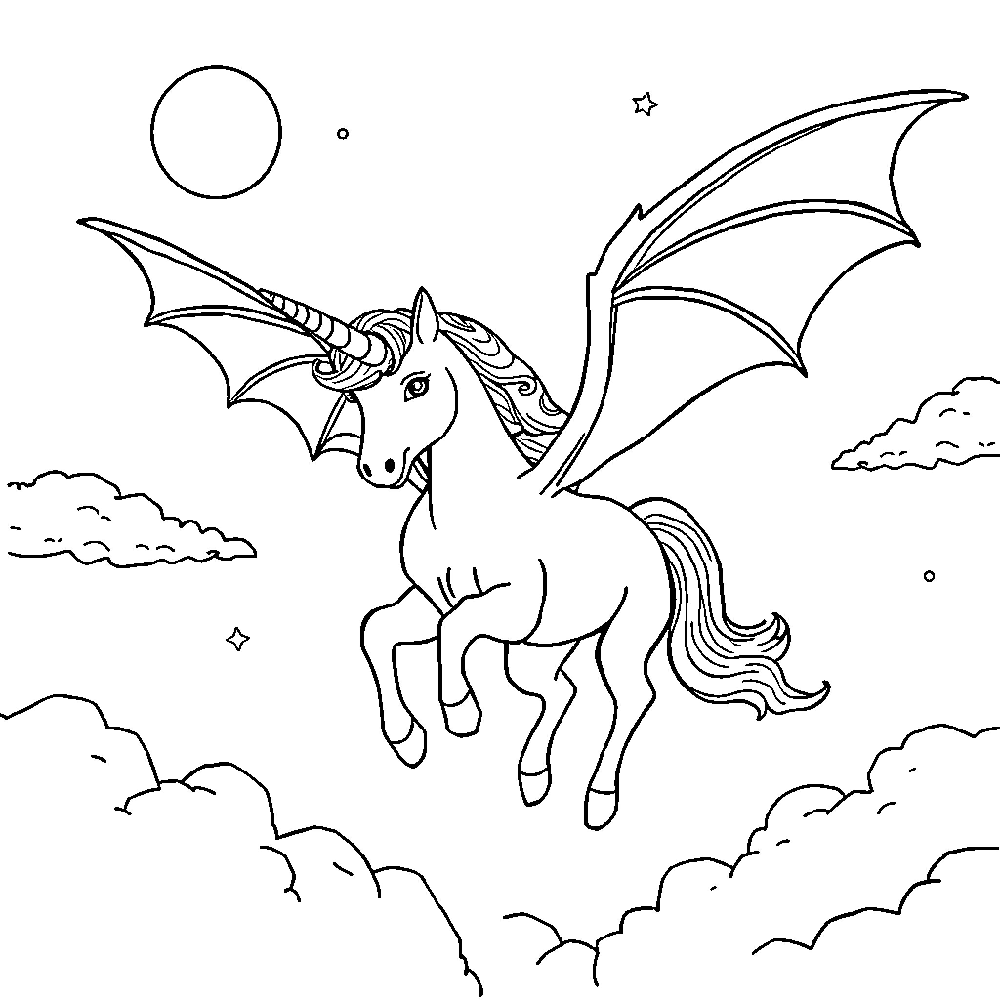 Bat Unicorn soaring through the starry night sky Coloring Page (free black-and-white line drawing printable PDF for all, from beginners to advanced learners, including children, teens, adults, and seniors)