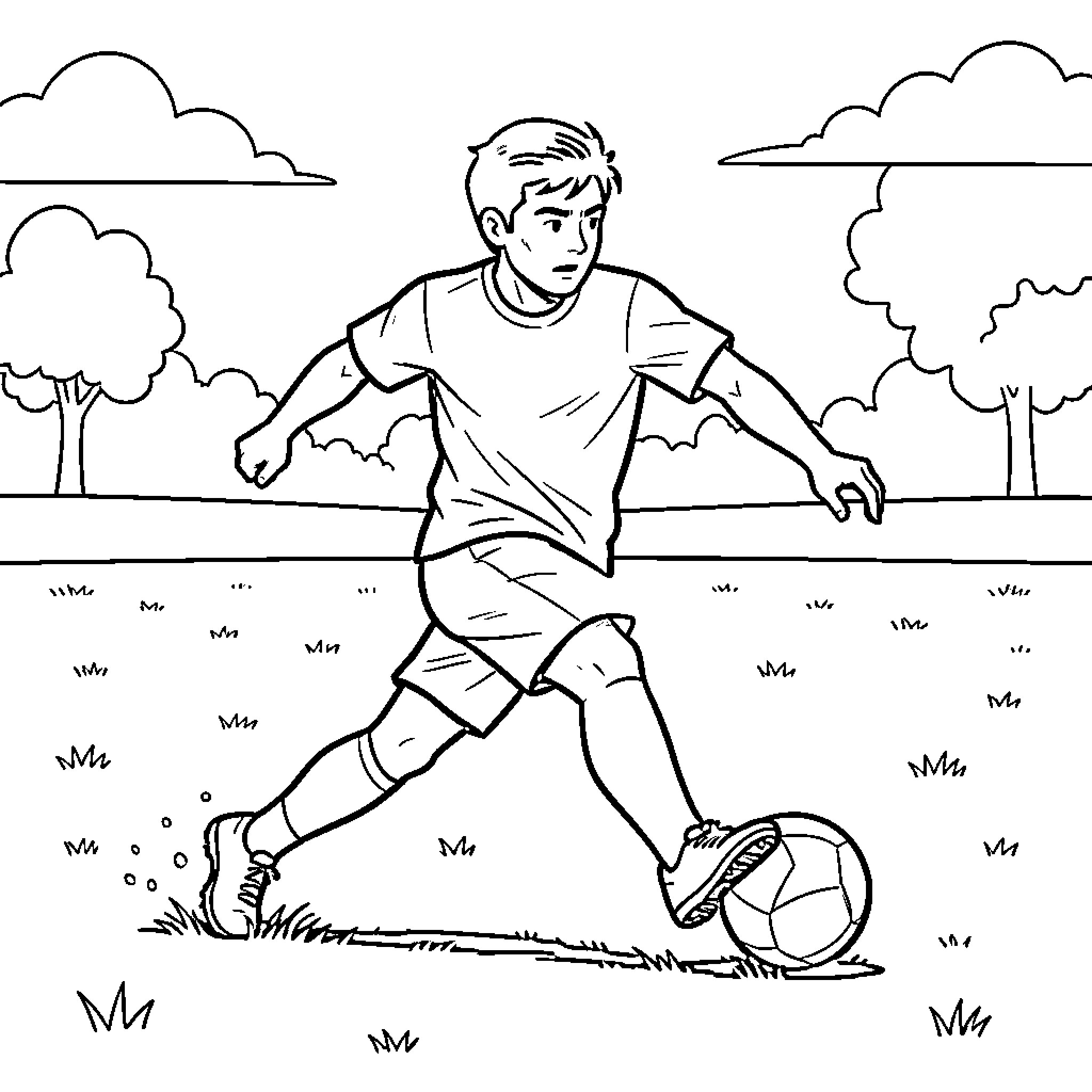 Player kicking a soccer ball during a match Coloring Page (free black-and-white line drawing printable PDF for all, from beginners to advanced learners, including children, teens, adults, and seniors)