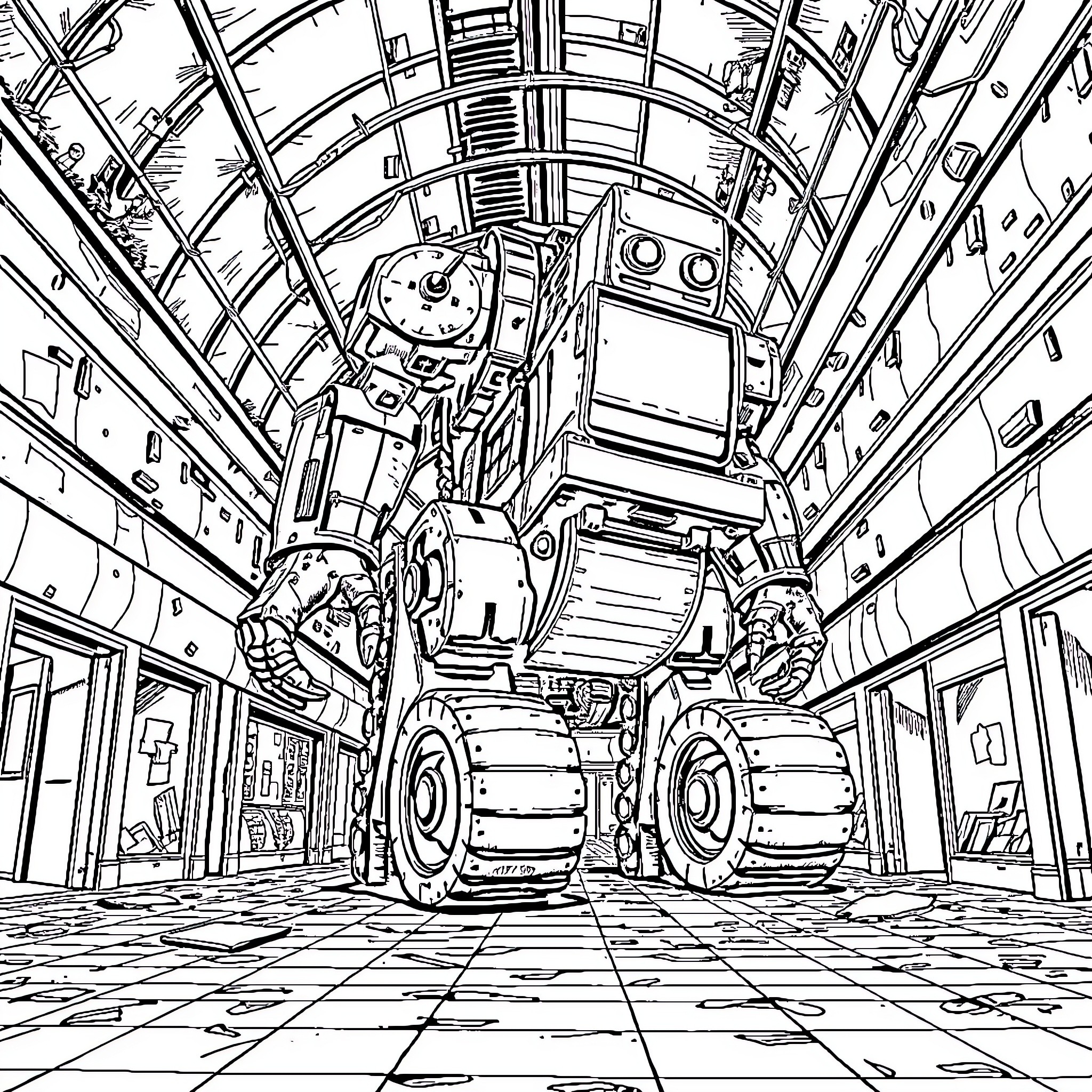 Giant Robots Navigating Through Futuristic Hangar Coloring Page (free black-and-white line drawing printable PDF for all, from beginners to advanced learners, including children, teens, adults, and seniors)
