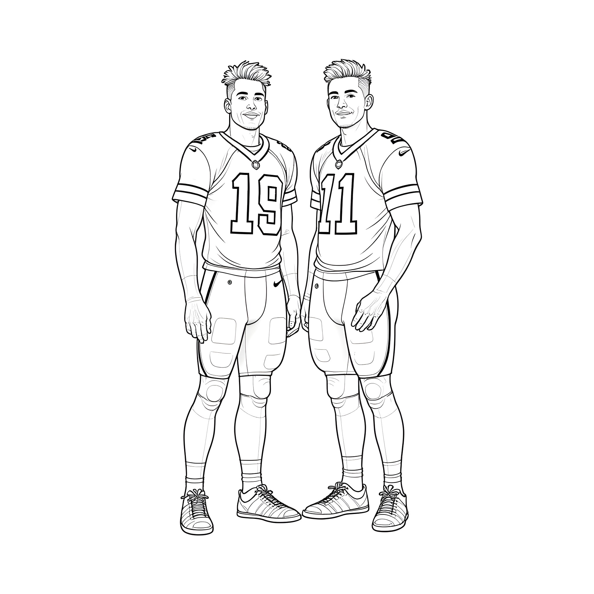 Travis Hunter Poses with Teammate in Football Uniforms Coloring Page (free black-and-white line drawing printable PDF for all, from beginners to advanced learners, including children, teens, adults, and seniors)