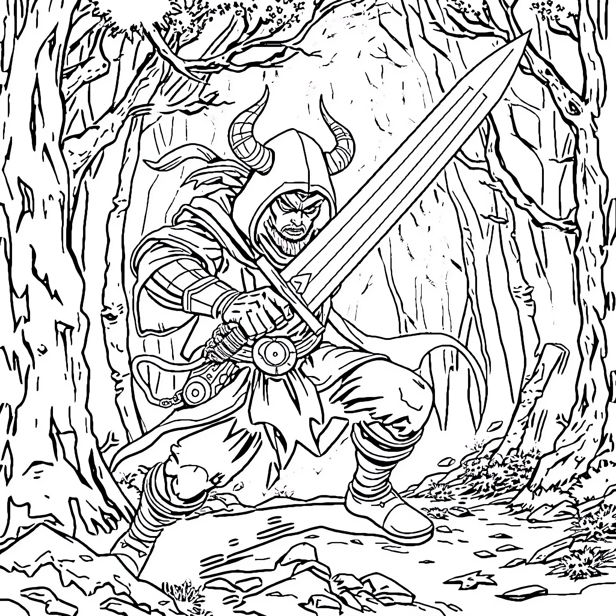 Demon Slayer Warrior in the Mystical Forest Coloring Page (free black-and-white line drawing printable PDF for all, from beginners to advanced learners, including children, teens, adults, and seniors)